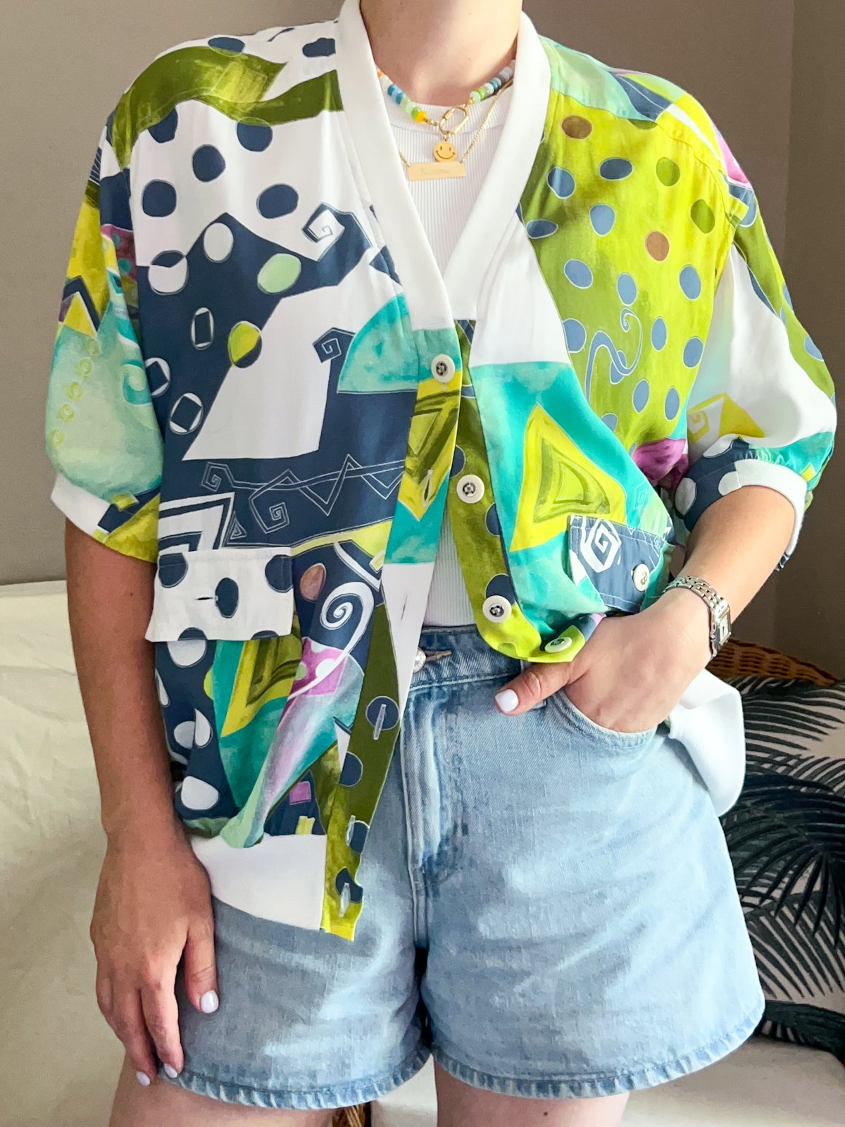 Vintage Jacques Vert Abstract Print Bomber Top/Jacket, approx size 12-16