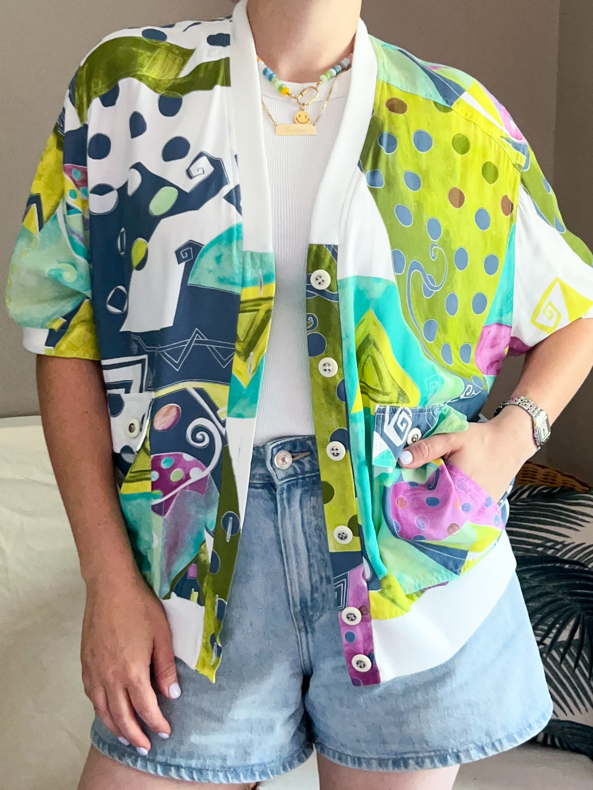 Vintage Jacques Vert Abstract Print Bomber Top/Jacket, approx size 12-16