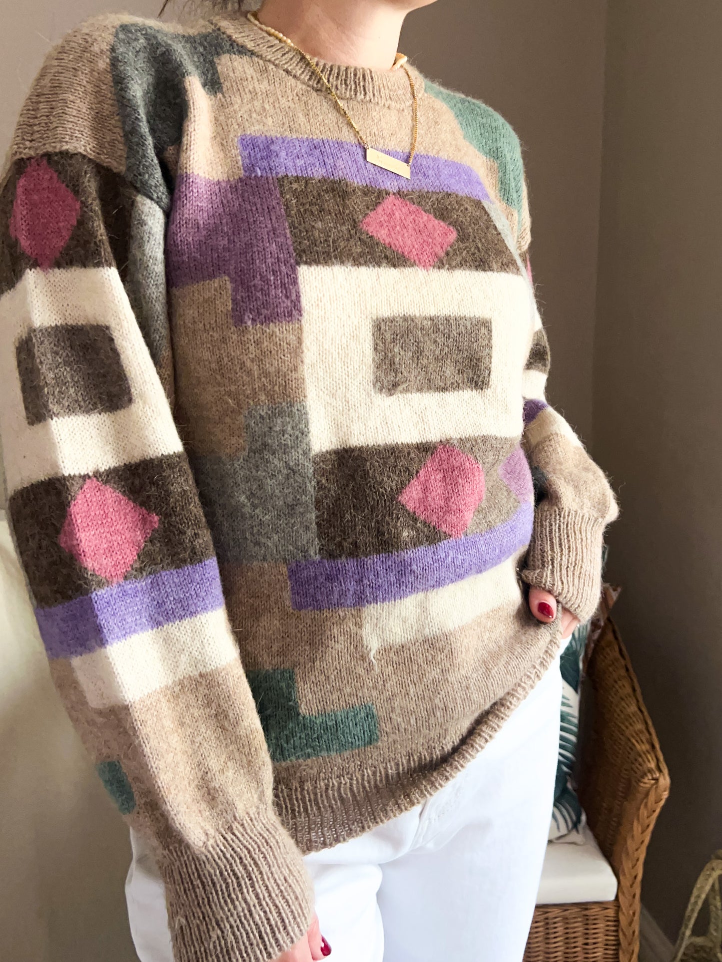 Vintage Geometric Design Oatmeal Knit, size approx 10-14