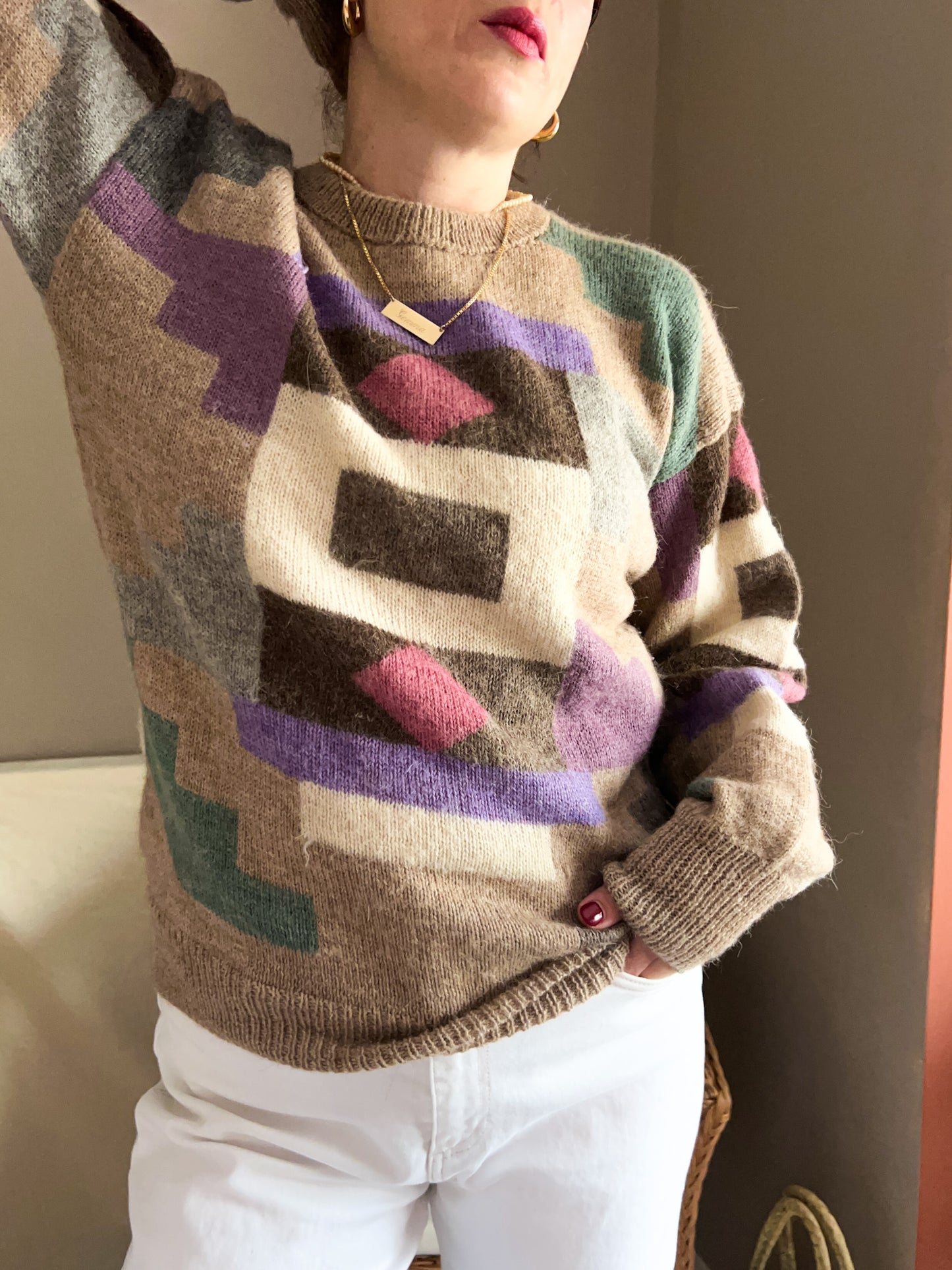 Vintage Geometric Design Oatmeal Knit, size approx 10-14