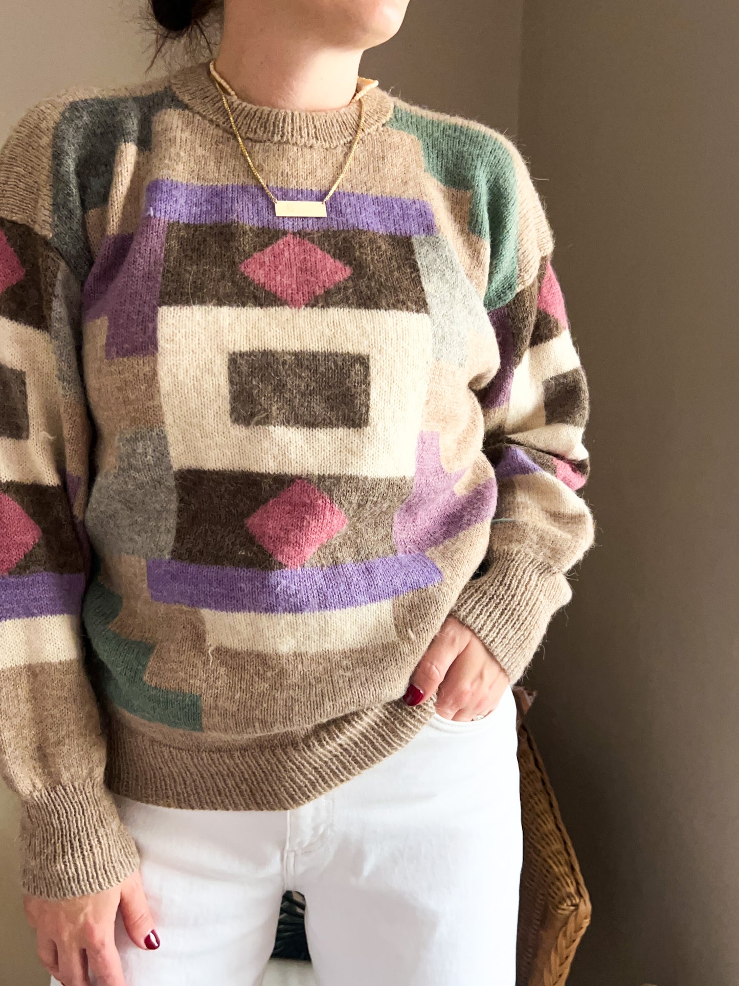 Vintage Geometric Design Oatmeal Knit, size approx 10-14