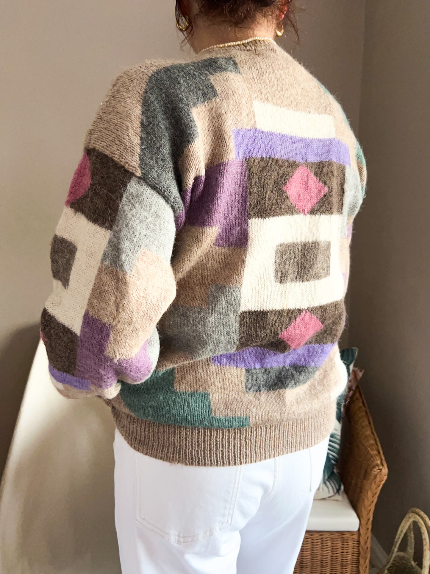 Vintage Geometric Design Oatmeal Knit, size approx 10-14