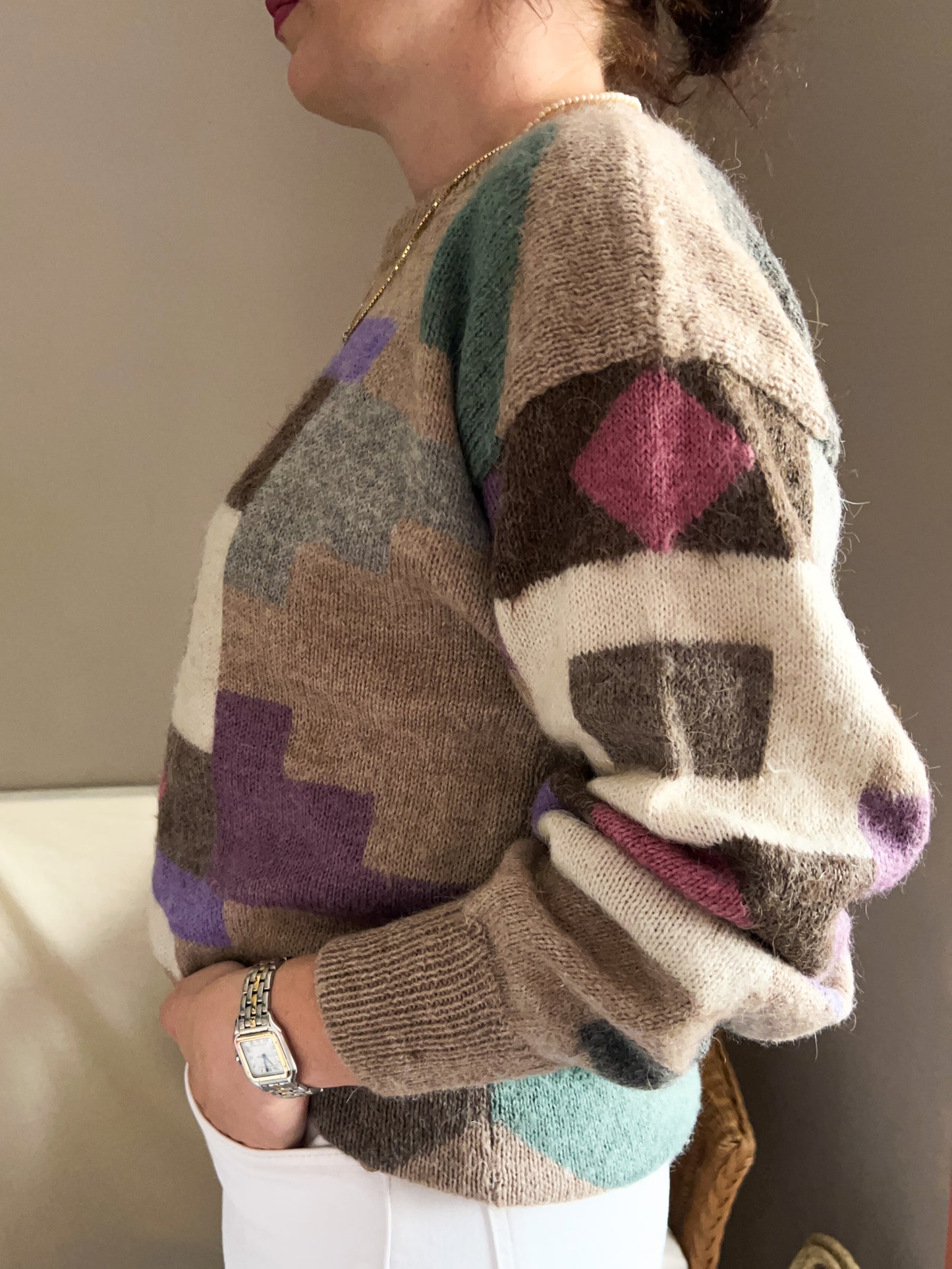 Vintage Geometric Design Oatmeal Knit, size approx 10-14