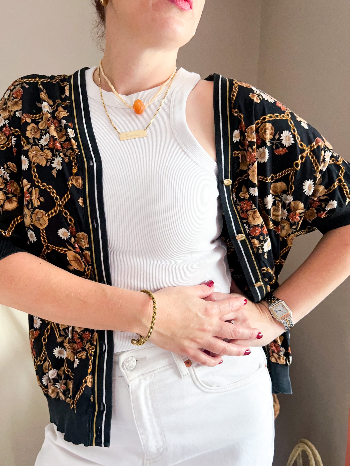 Vintage Autumn Flowers & Chain Print Blouse, approx Size 12-18