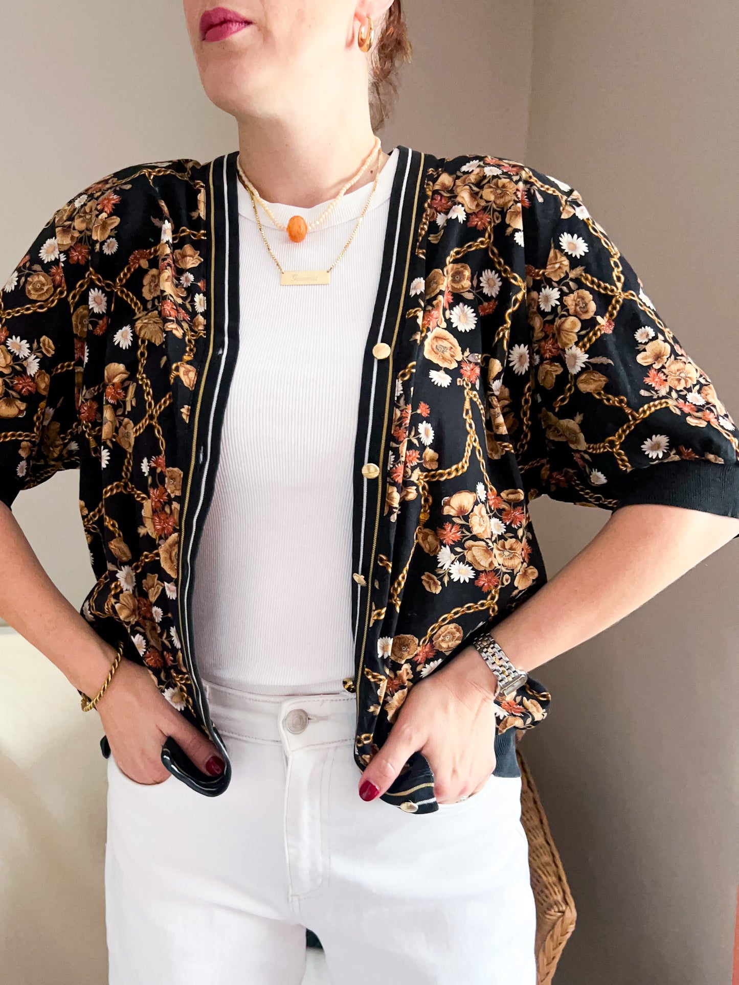 Vintage Autumn Flowers & Chain Print Blouse, approx Size 12-18