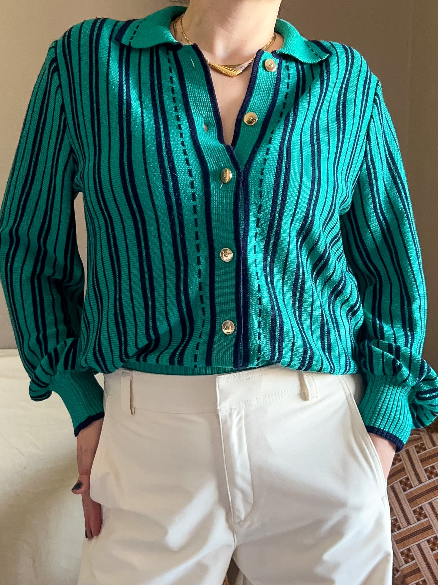 Vintage Green Stripe Knit Top, size 12-14