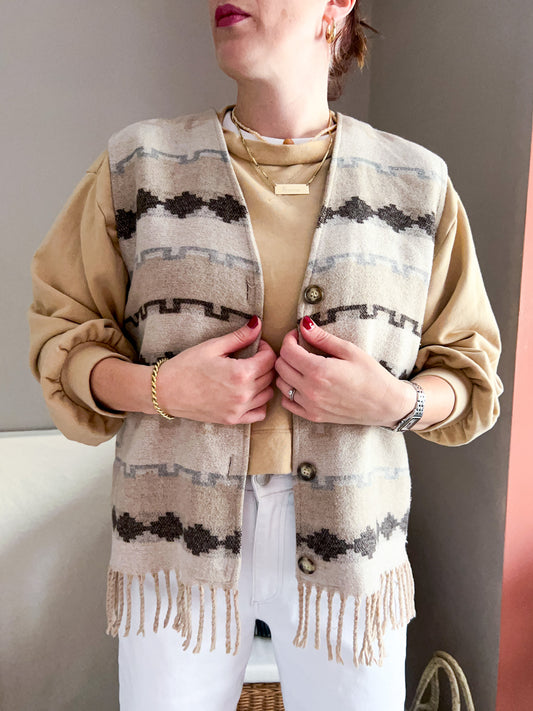 Vintage Boho Fringed Woven Vest, approx size 10-16