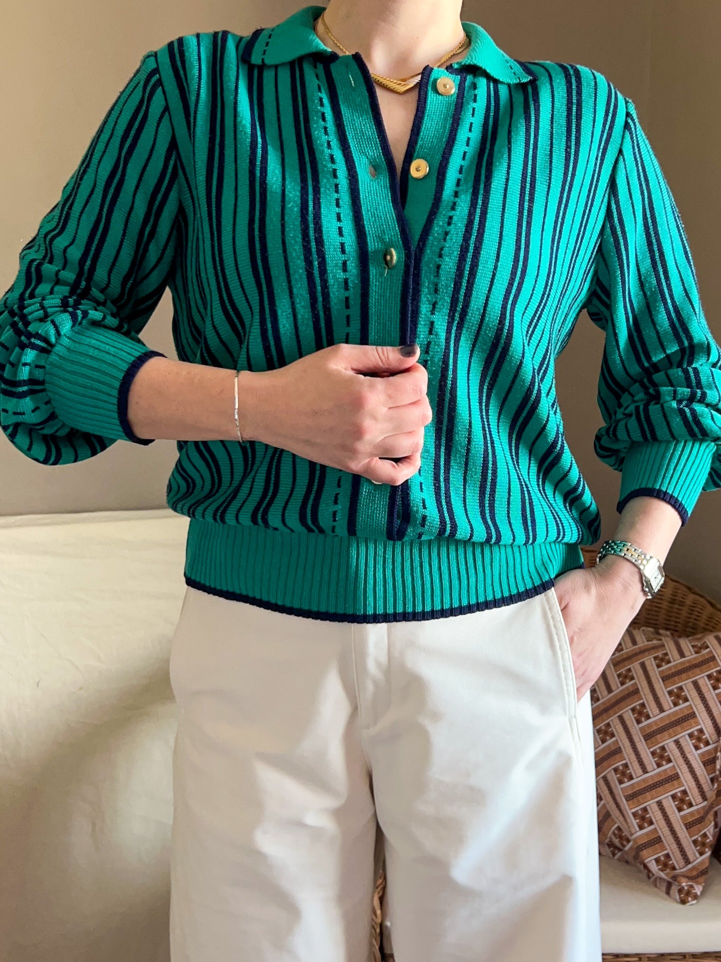 Vintage Green Stripe Knit Top, size 12-14
