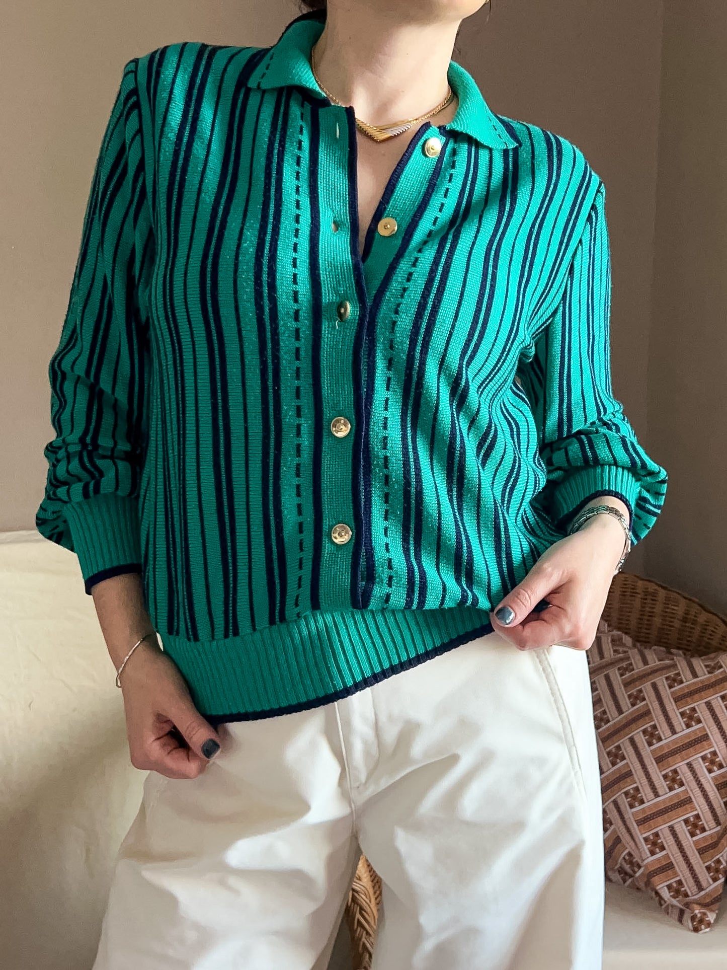 Vintage Green Stripe Knit Top, size 12-14