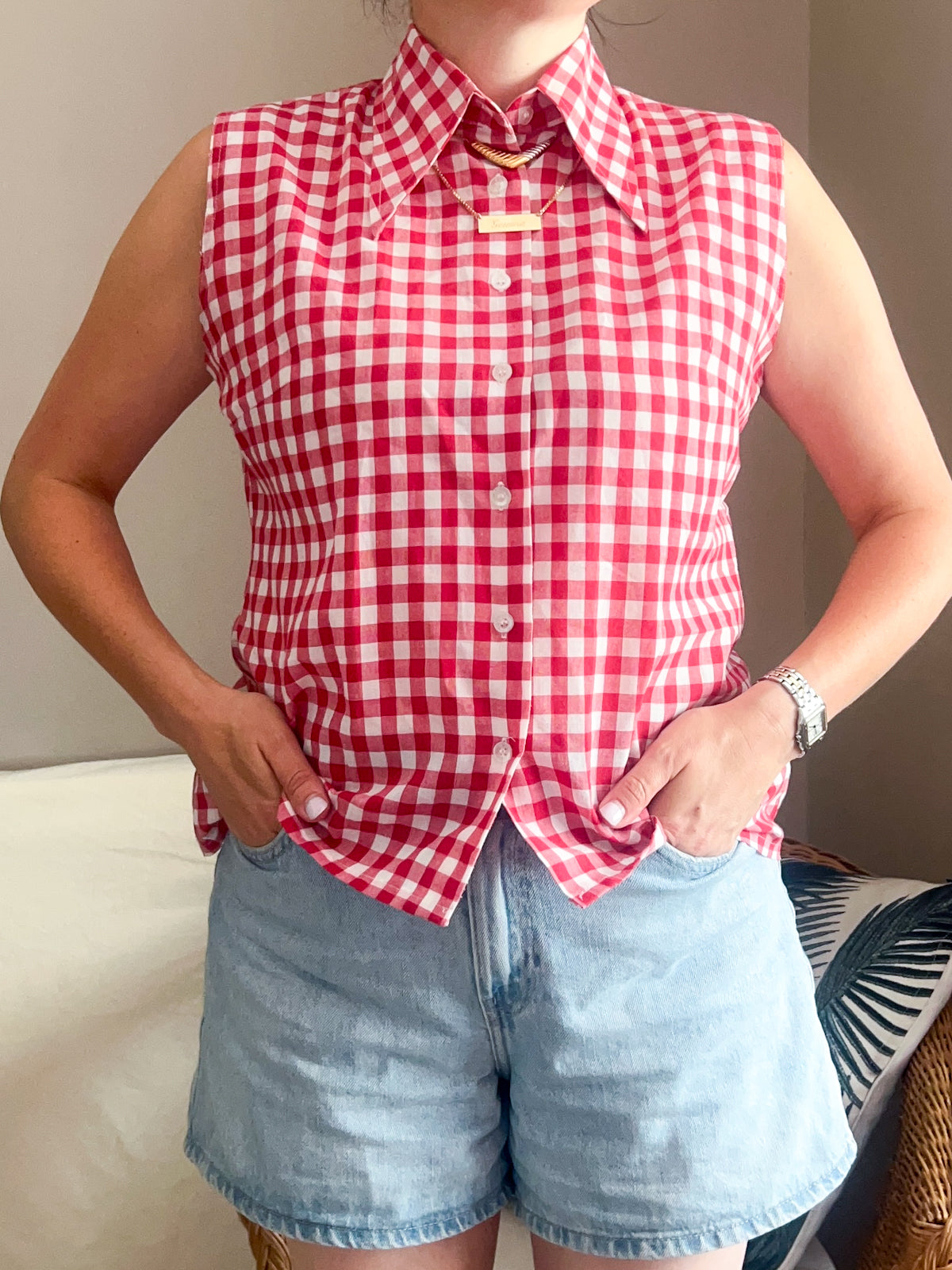 Vintage Gingham Dagger Collar Shirt, size 12-14