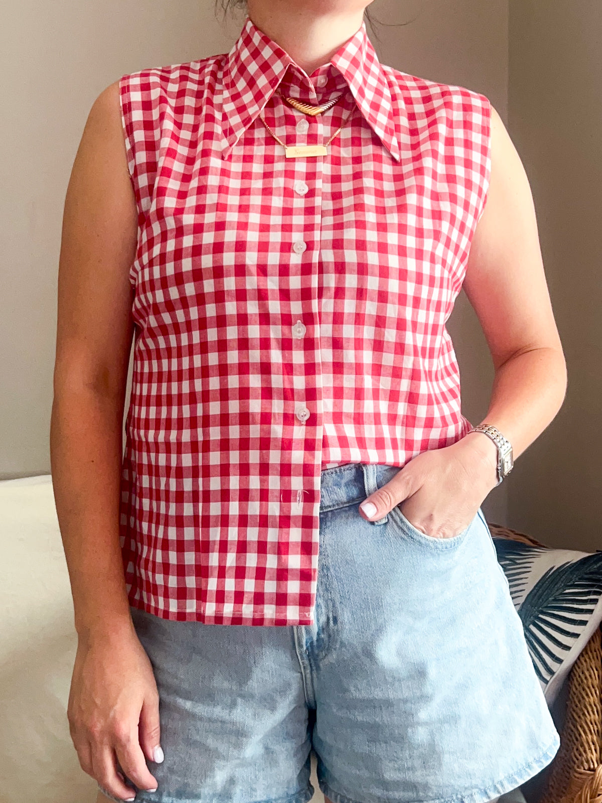 Vintage Gingham Dagger Collar Shirt, size 12-14