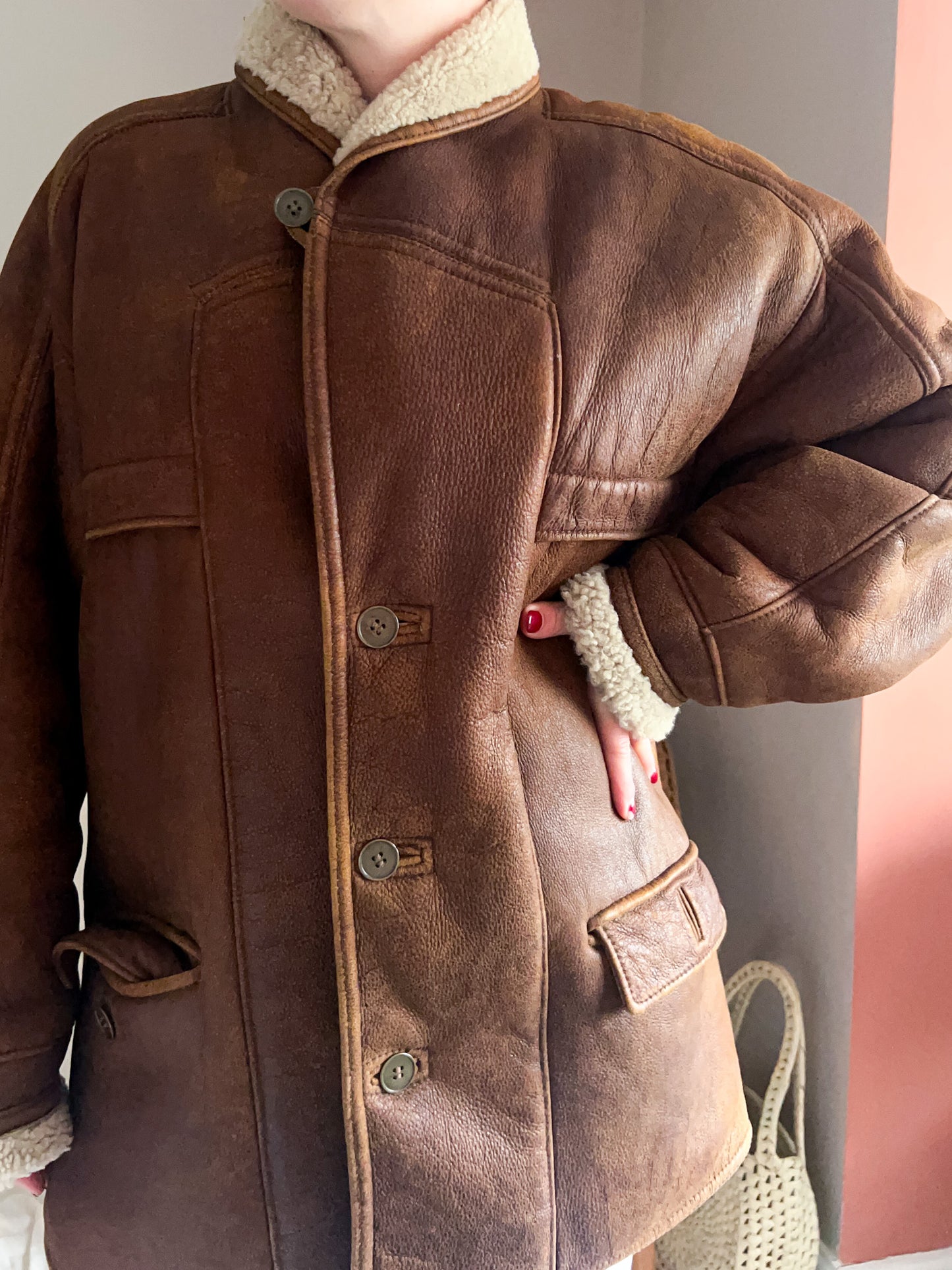 Vintage Leather Shearling Jacket, approx Size 10-16 (unisex fit)