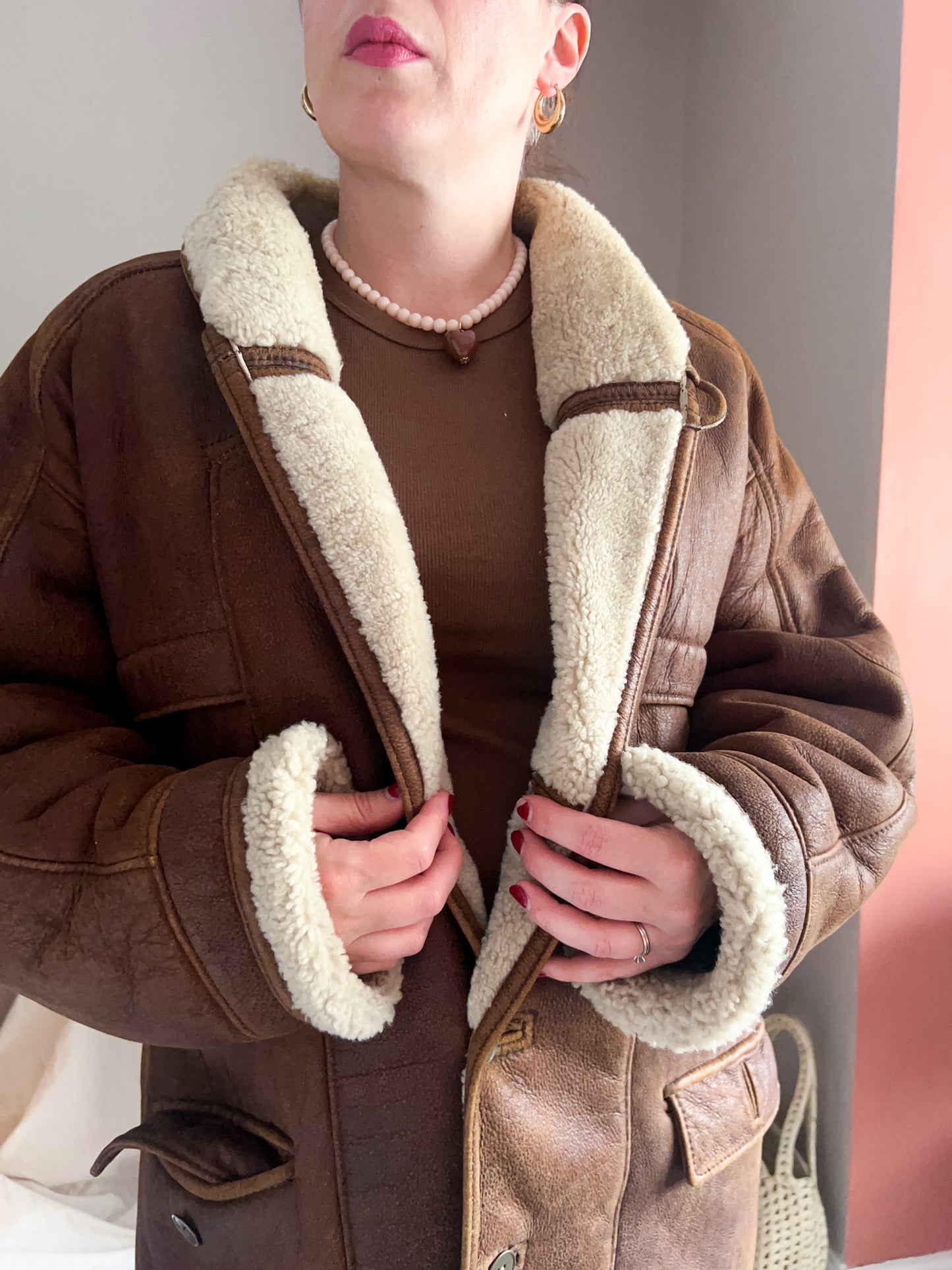 Vintage Leather Shearling Jacket, approx Size 10-16 (unisex fit)