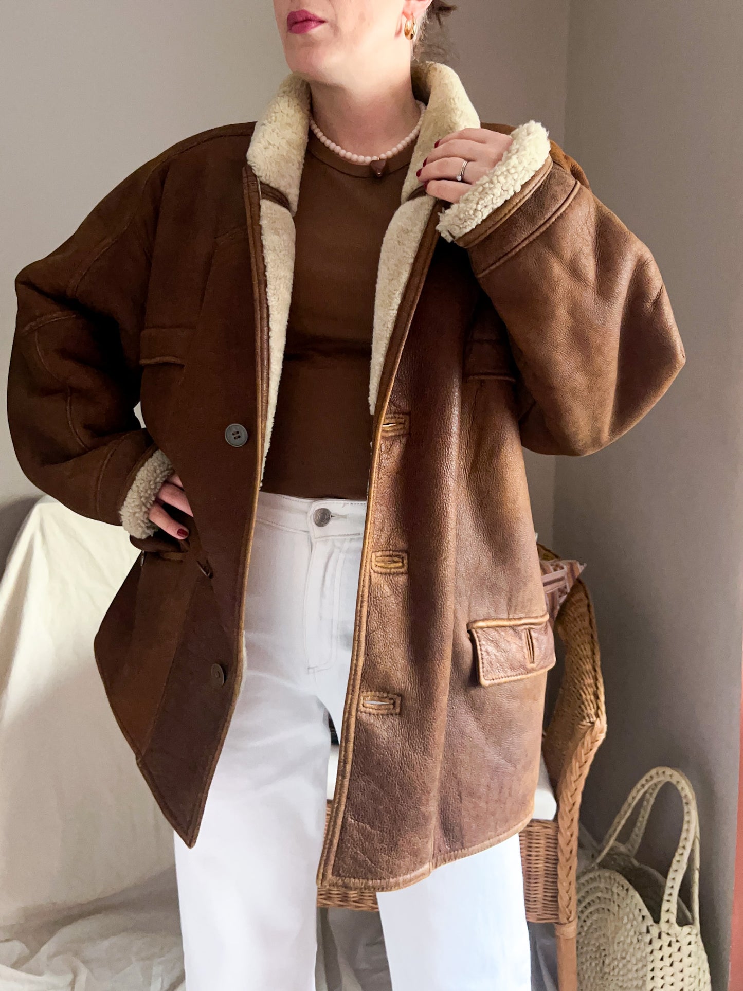 Vintage Leather Shearling Jacket, approx Size 10-16 (unisex fit)