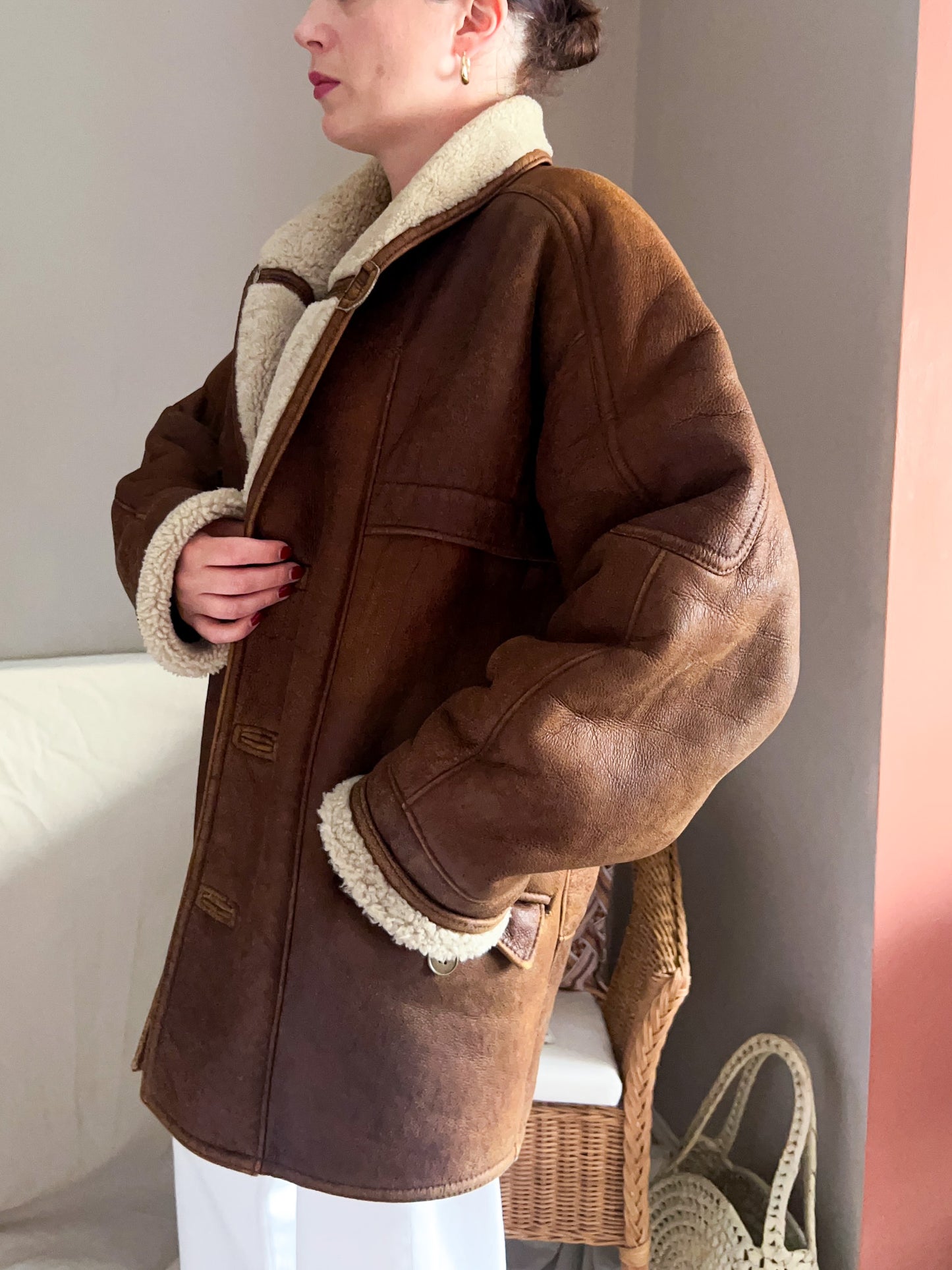 Vintage Leather Shearling Jacket, approx Size 10-16 (unisex fit)