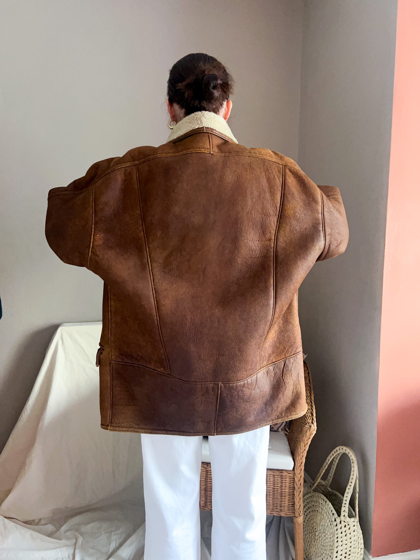Vintage Leather Shearling Jacket, approx Size 10-16 (unisex fit)