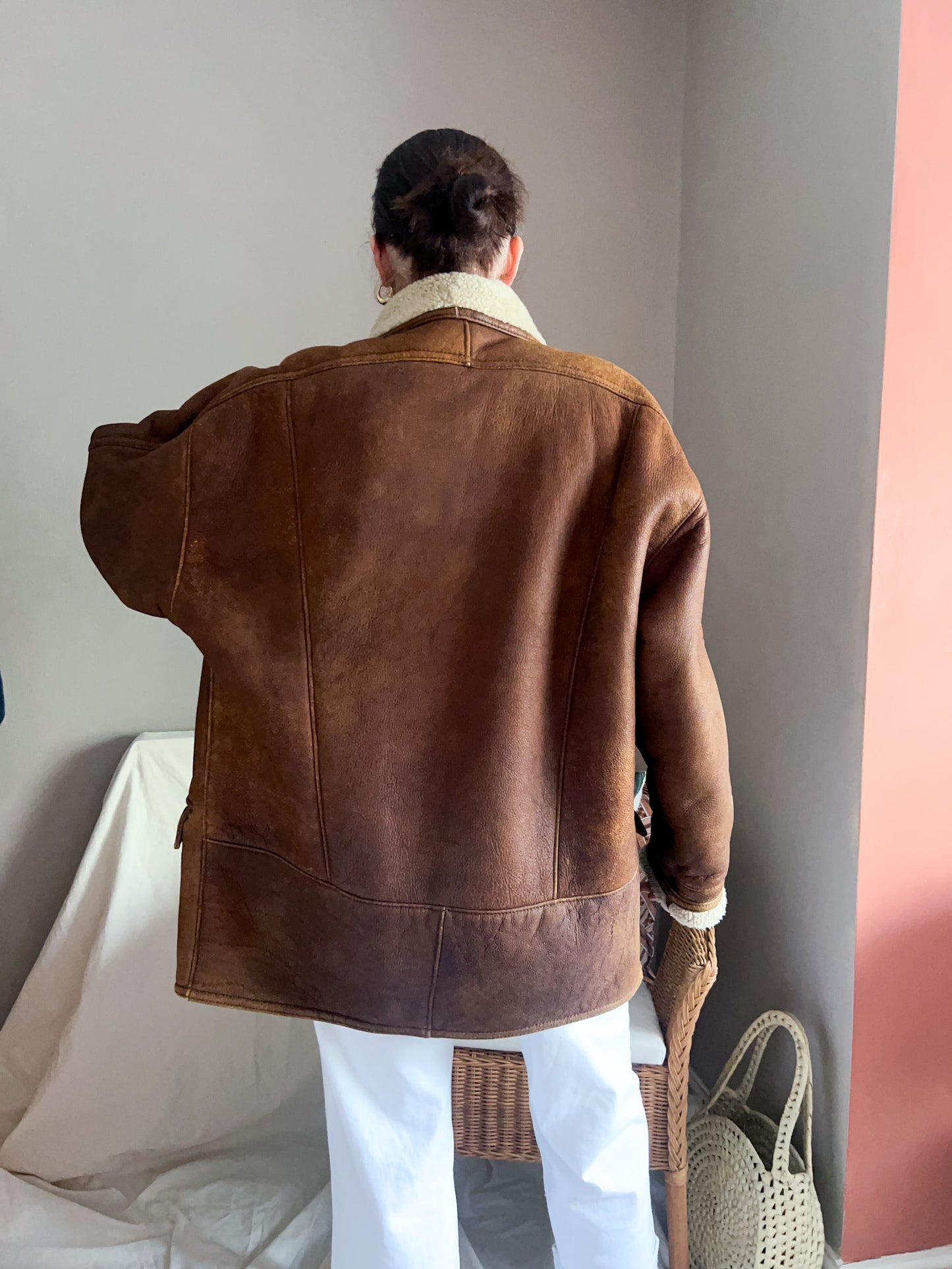 Vintage Leather Shearling Jacket, approx Size 10-16 (unisex fit)