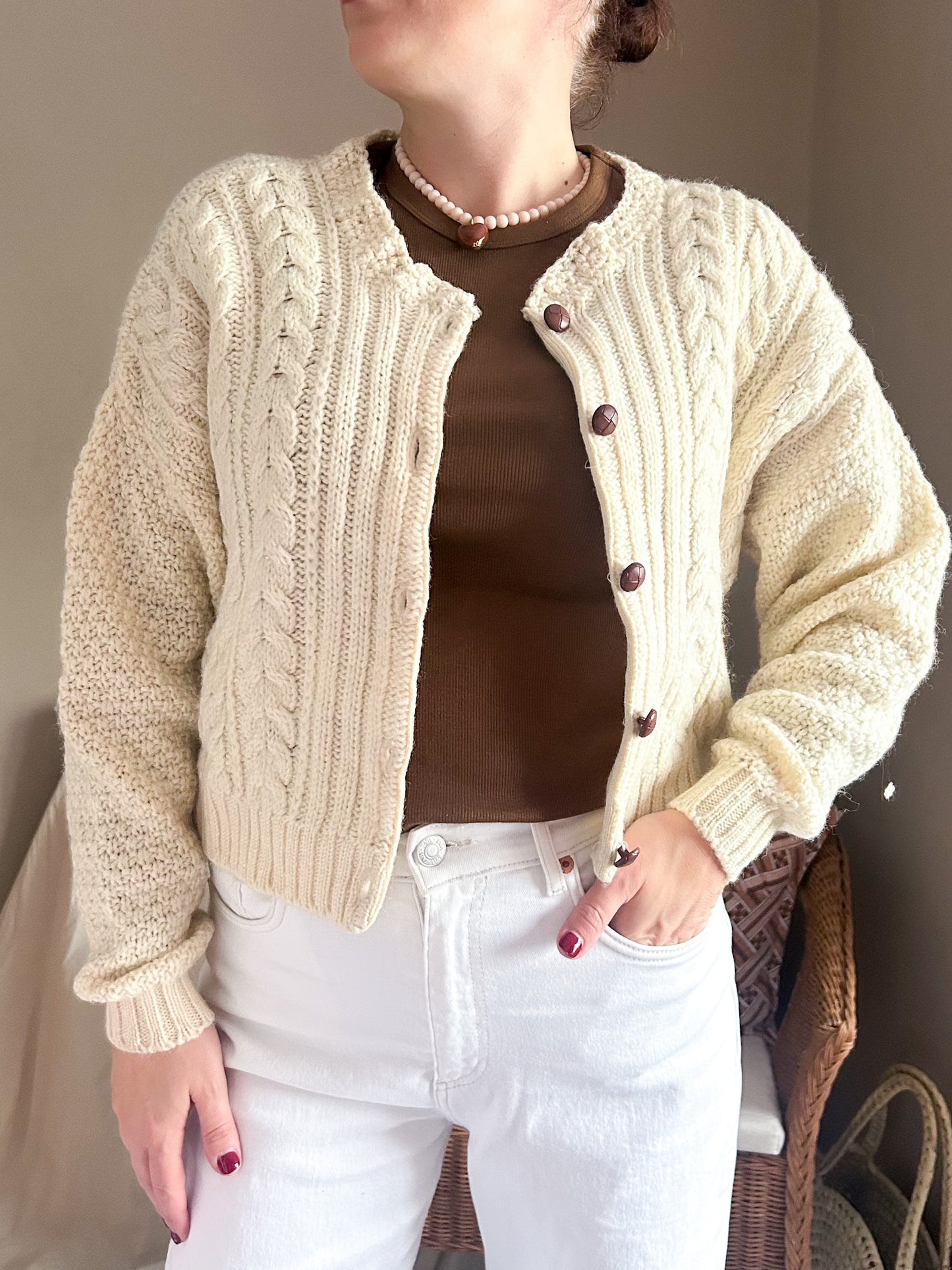 Vintage Cropped Aran Style Knit Cardigan, size approx 10-16