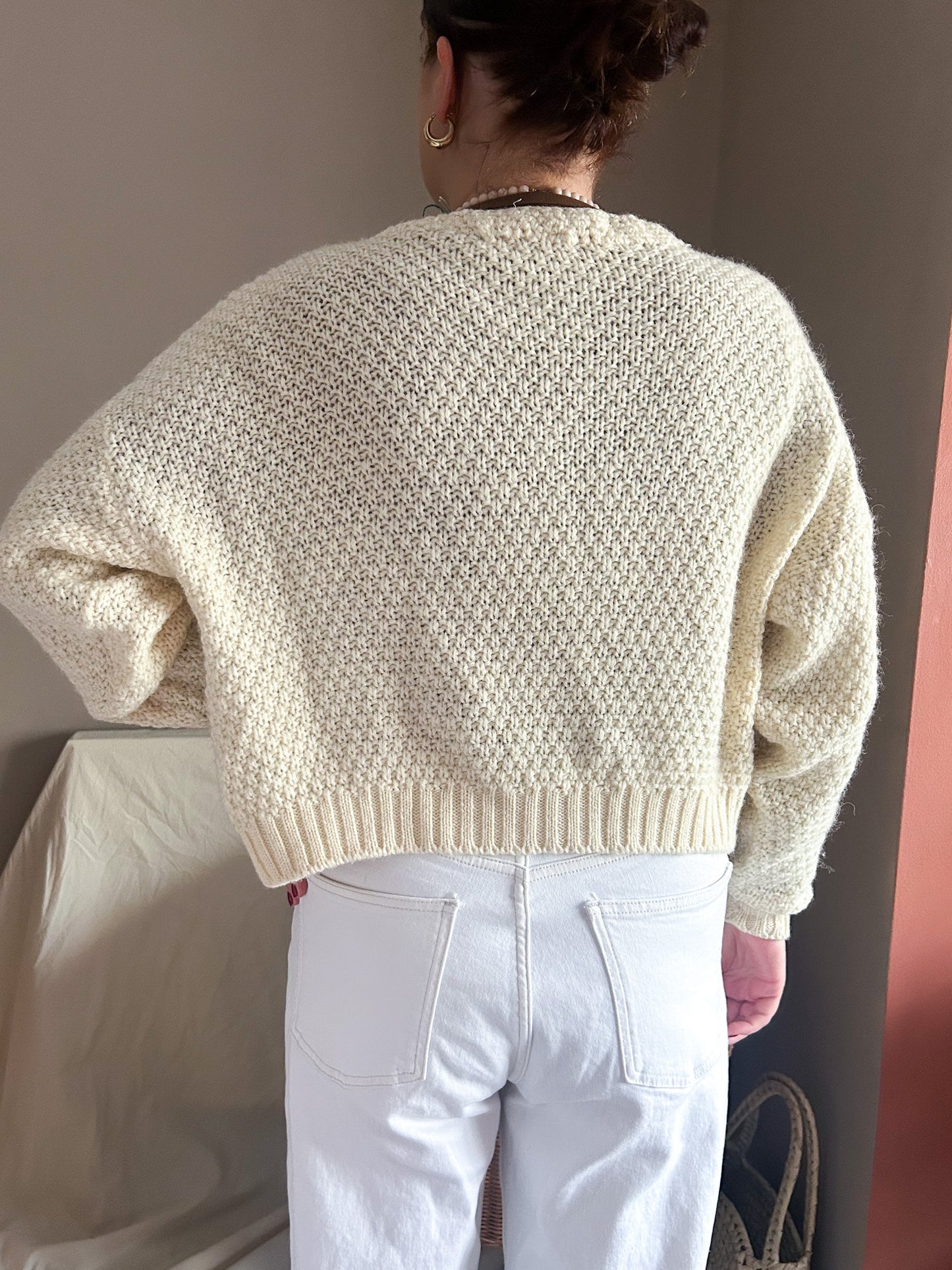 Vintage Cropped Aran Style Knit Cardigan, size approx 10-16