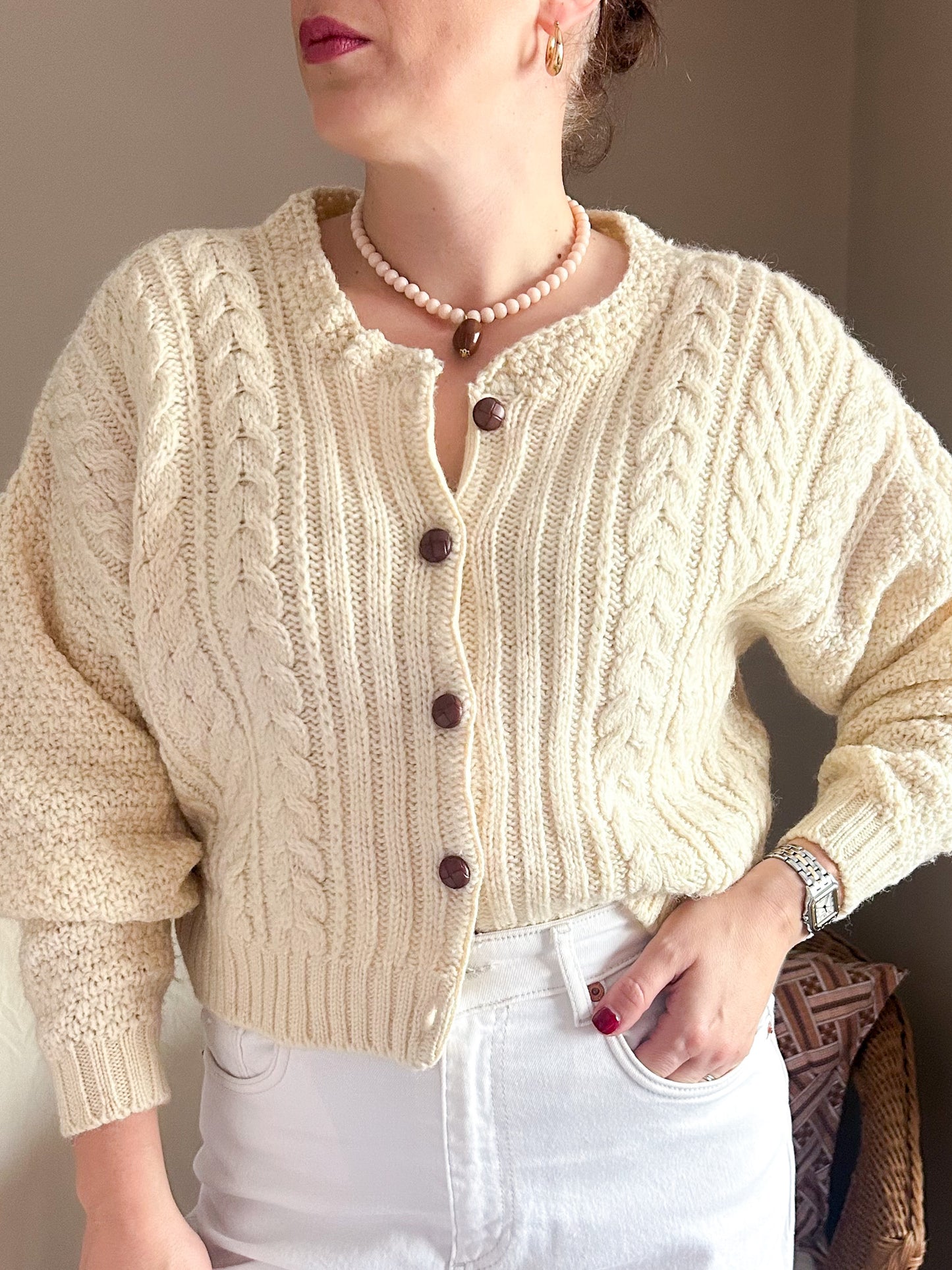 Vintage Cropped Aran Style Knit Cardigan, size approx 10-16
