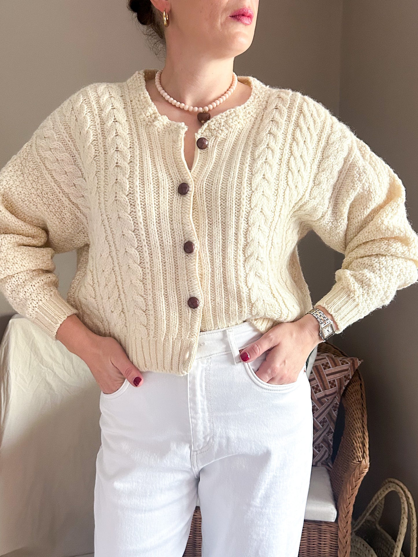 Vintage Cropped Aran Style Knit Cardigan, size approx 10-16