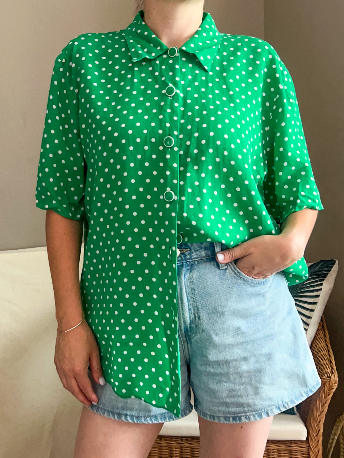 Vintage Green Polkadot Blouse, best fit up to size 16
