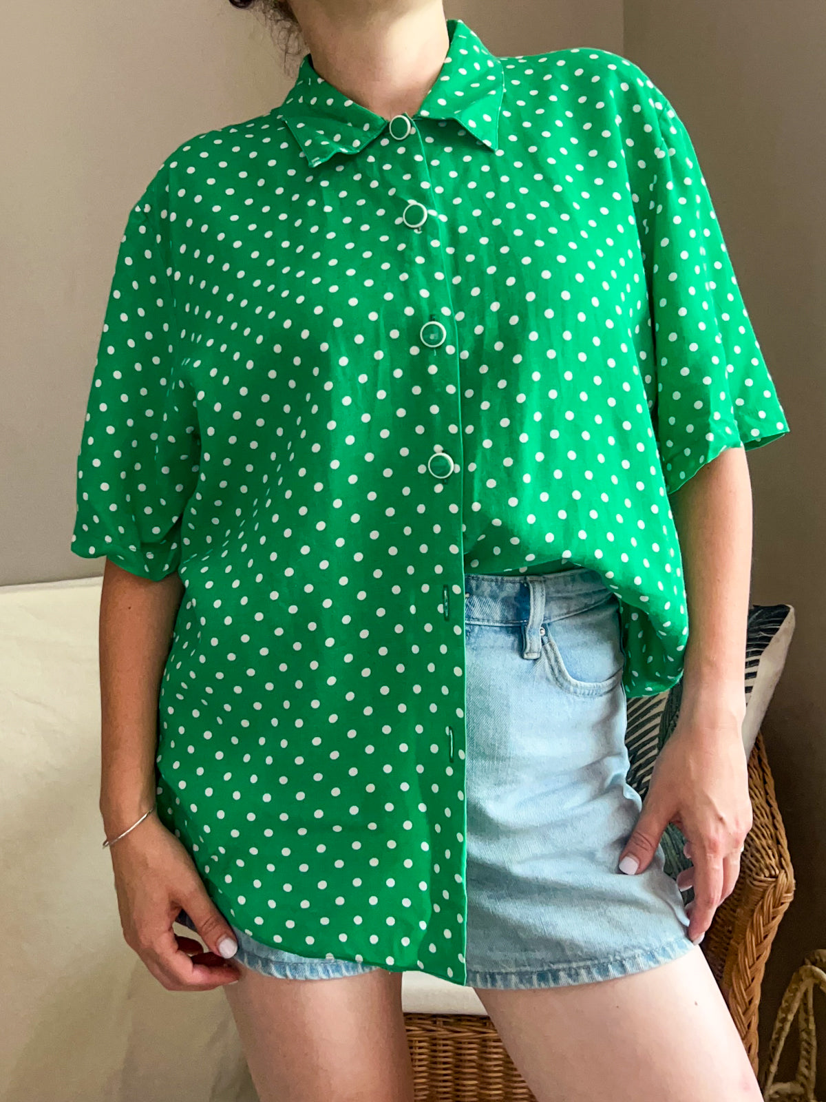 Vintage Green Polkadot Blouse, best fit up to size 16