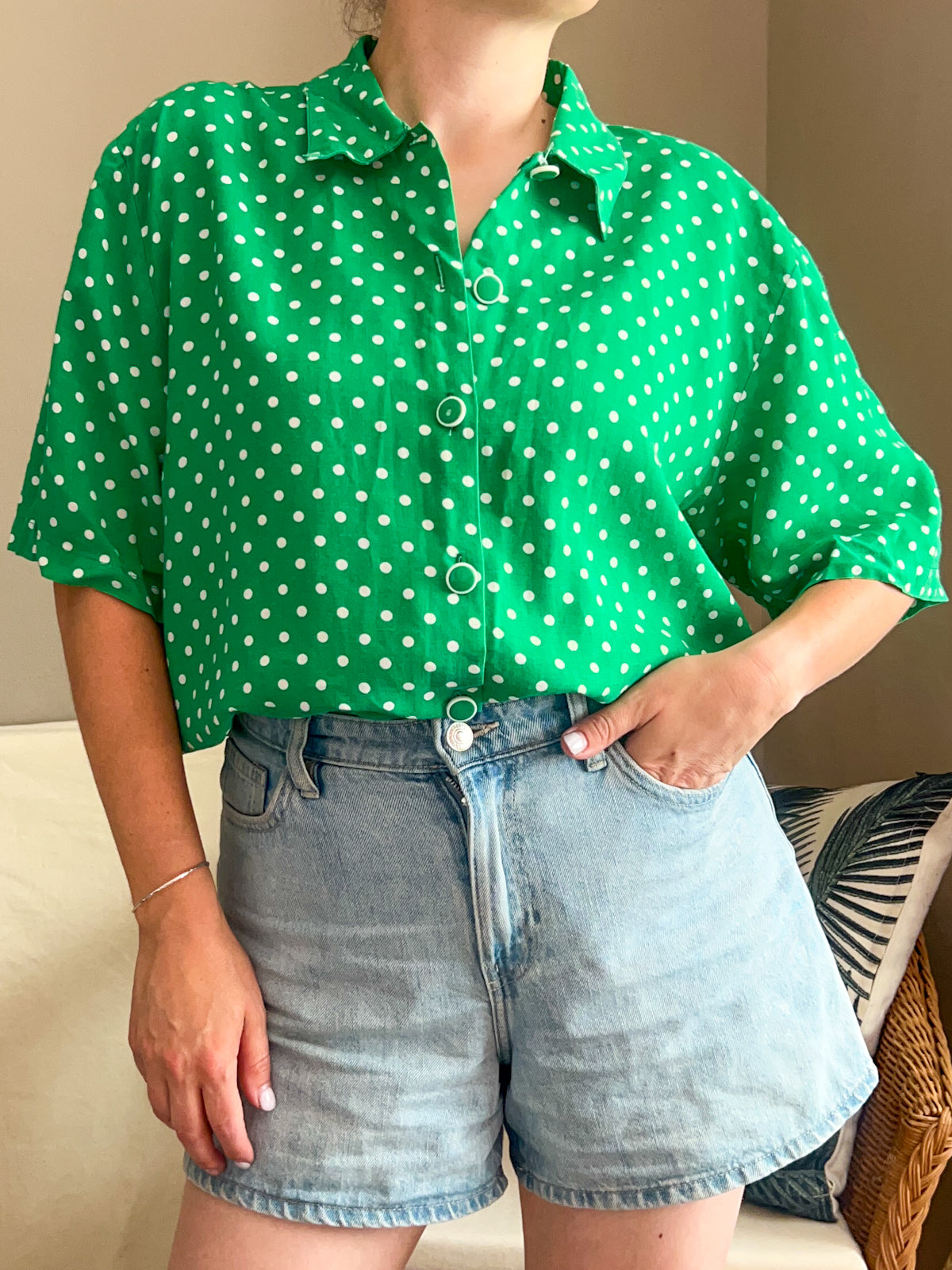 Vintage Green Polkadot Blouse, best fit up to size 16