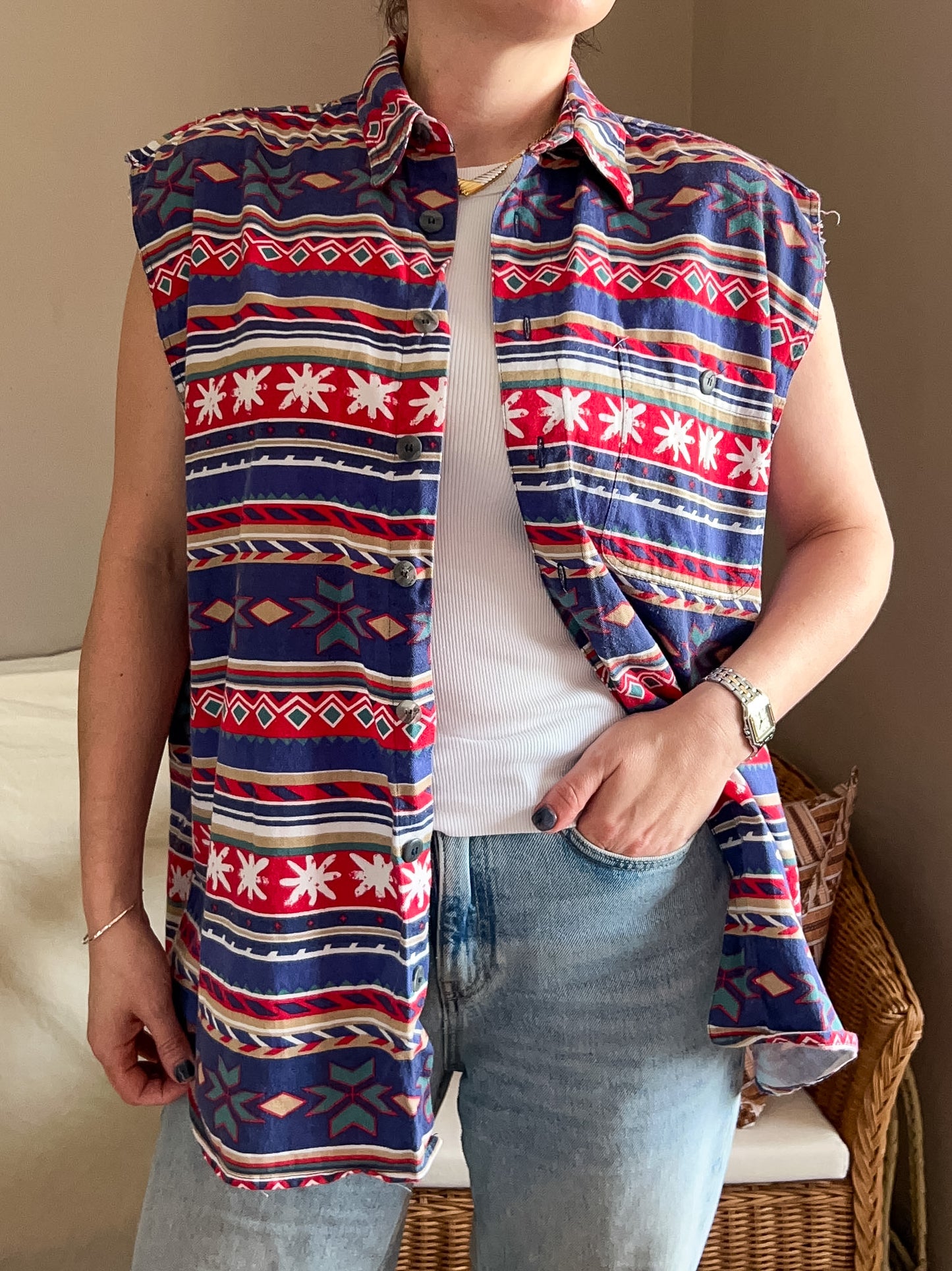 Vintage Sleeveless Geometric Print Shirt, approx size 12-18