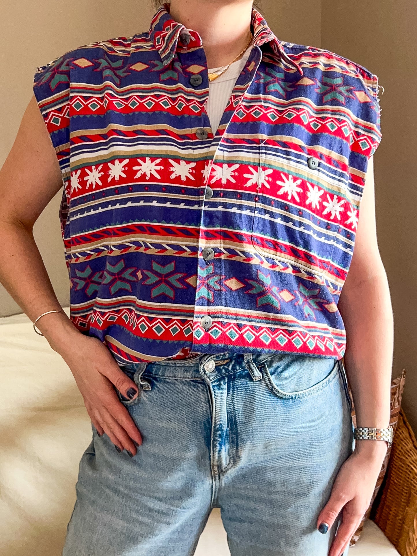 Vintage Sleeveless Geometric Print Shirt, approx size 12-18