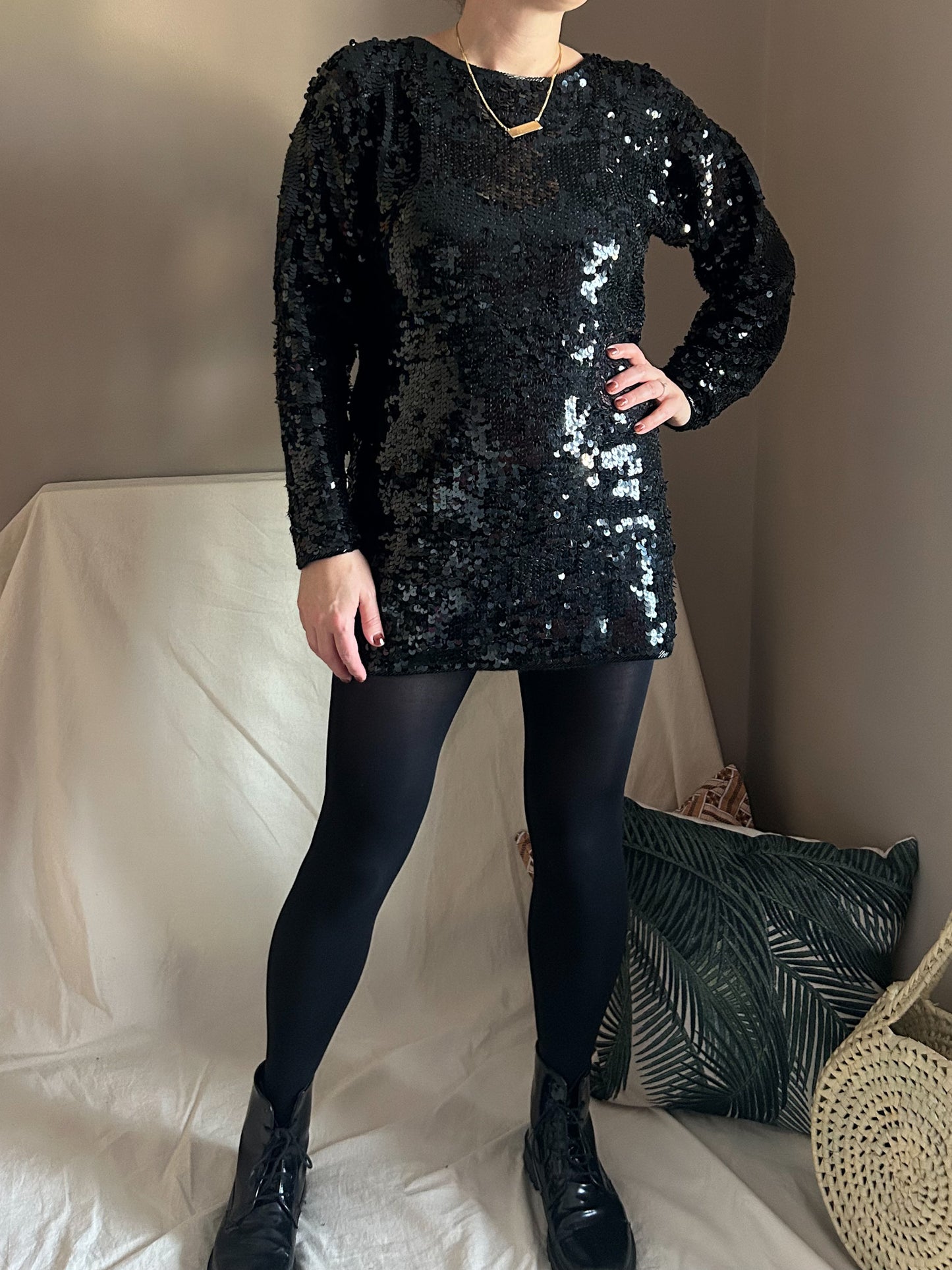 Vintage Sequin Stretch Knit Mini Dress, size approx 10-14