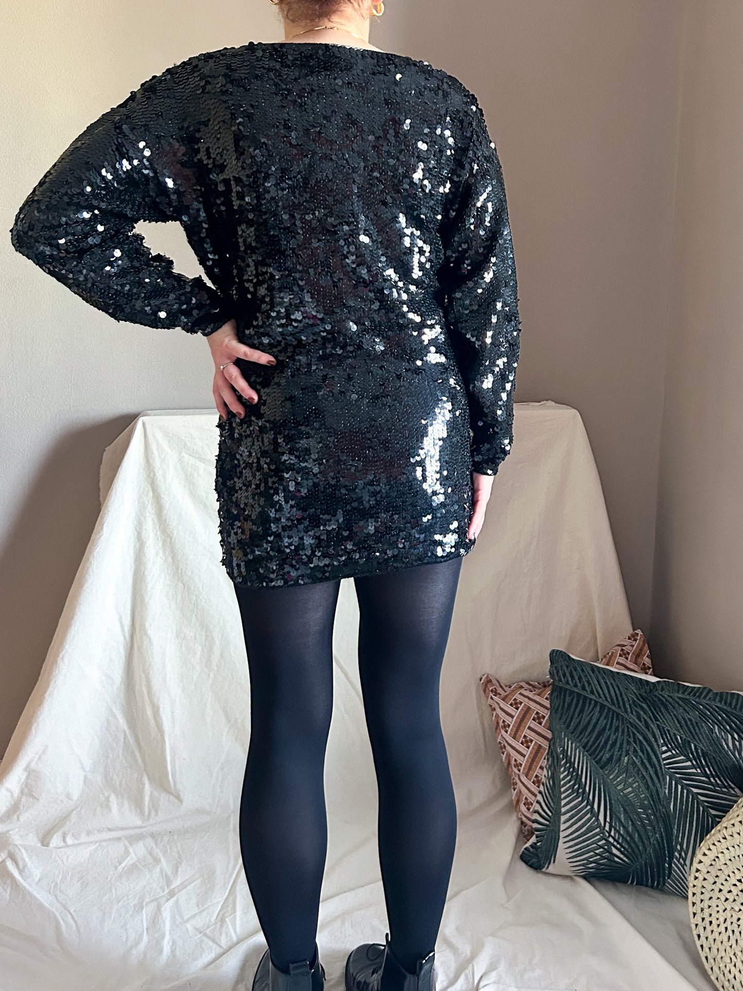 Vintage Sequin Stretch Knit Mini Dress, size approx 10-14