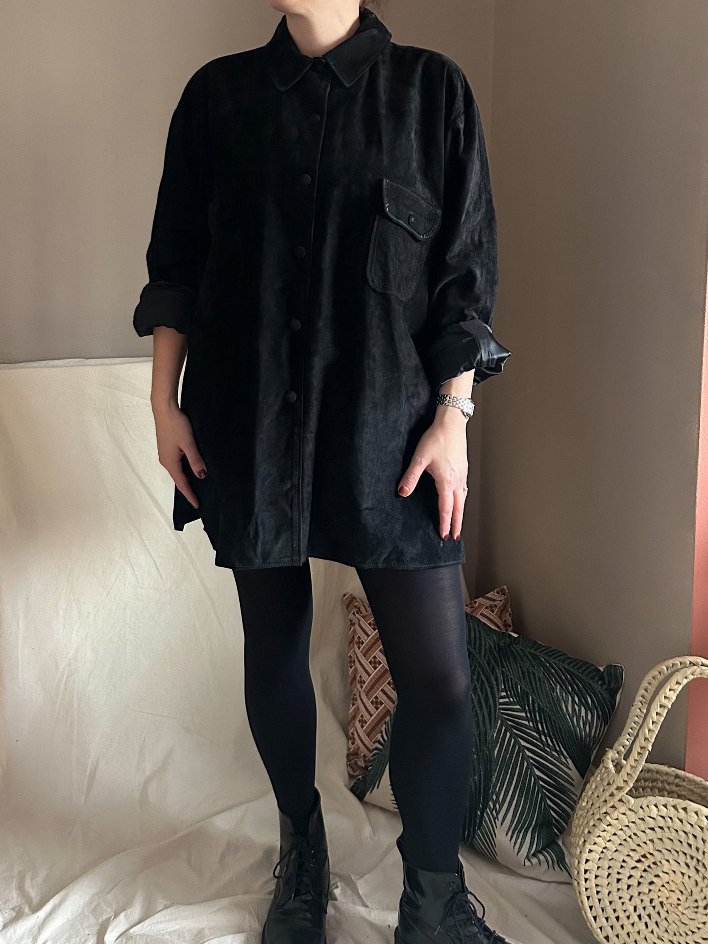 Vintage Black Suede Overshirt/Jacket, approx 10-18