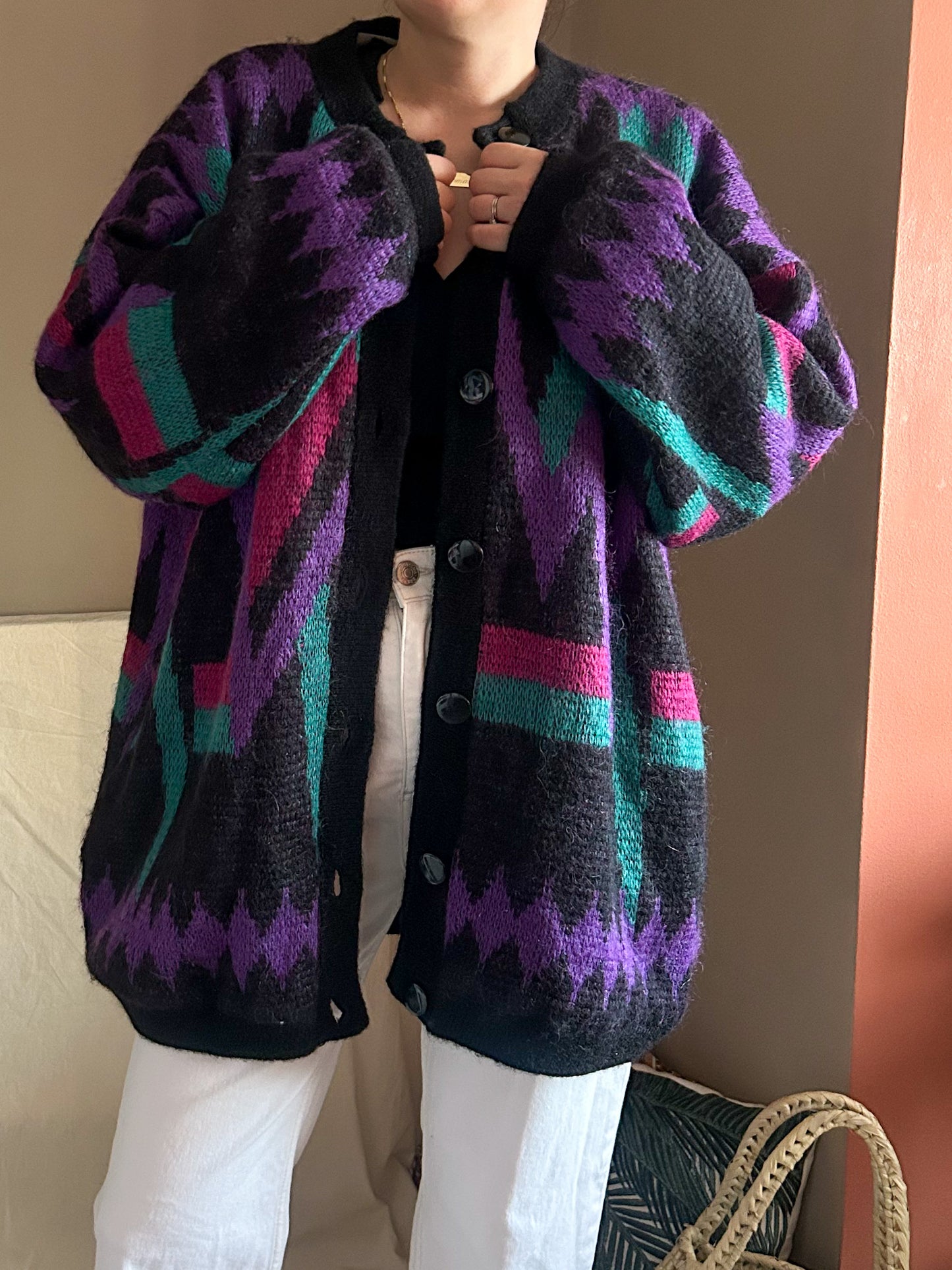 Vintage Bold Pattern Knit Cardigan/Jacket, approx Size 14-22