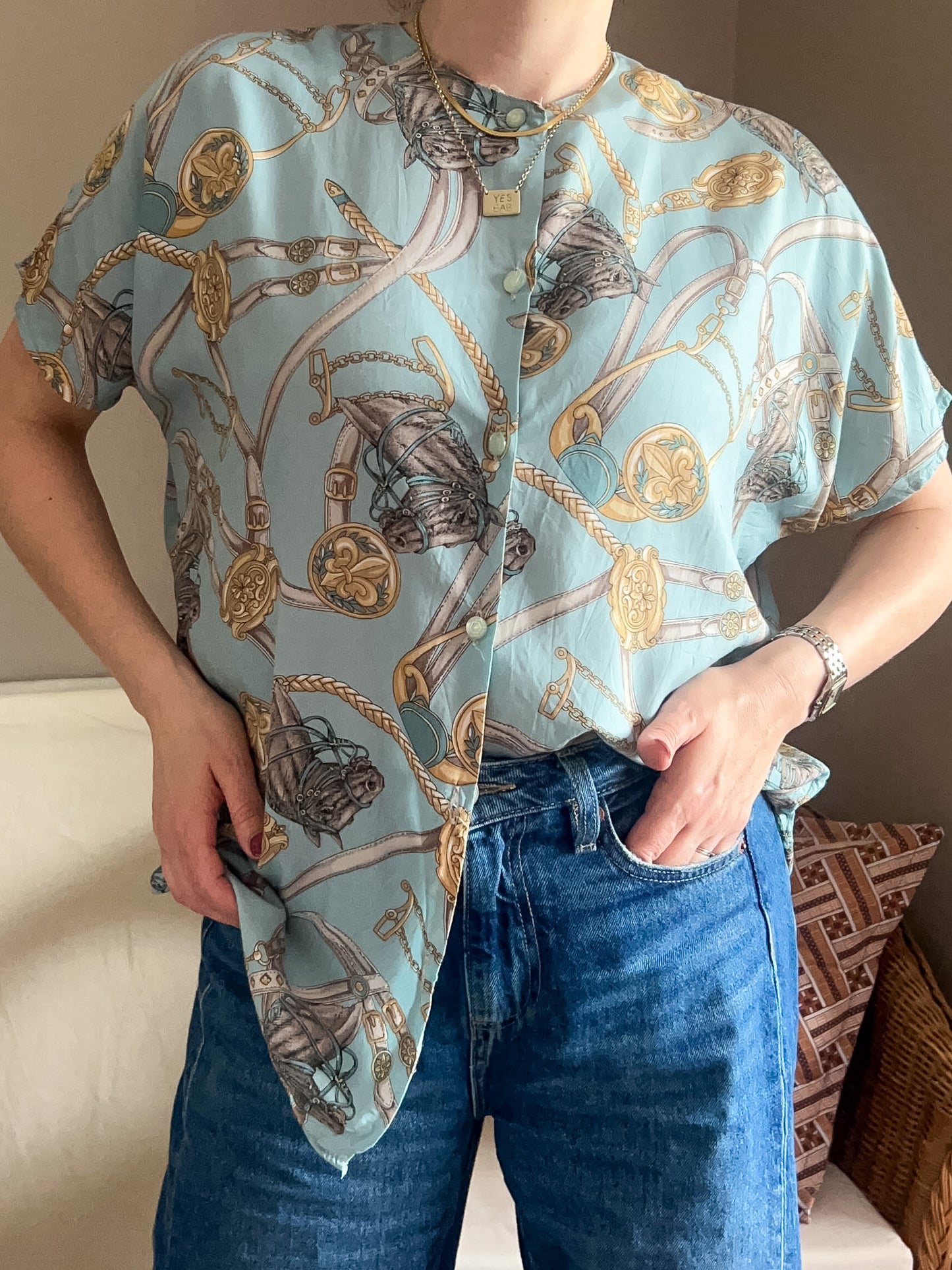 Vintage Equestrian Print Blouse, approx Size 10-12