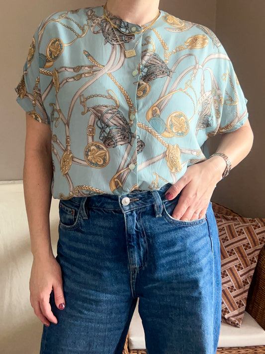 Vintage Equestrian Print Blouse, approx Size 10-12