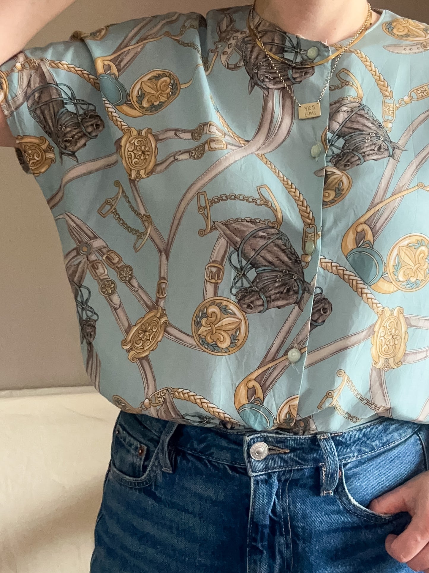 Vintage Equestrian Print Blouse, approx Size 10-12