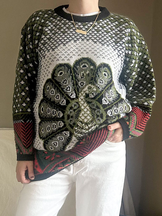 Vintage Graphic Peacock Knit Jumper, size approx 10-14
