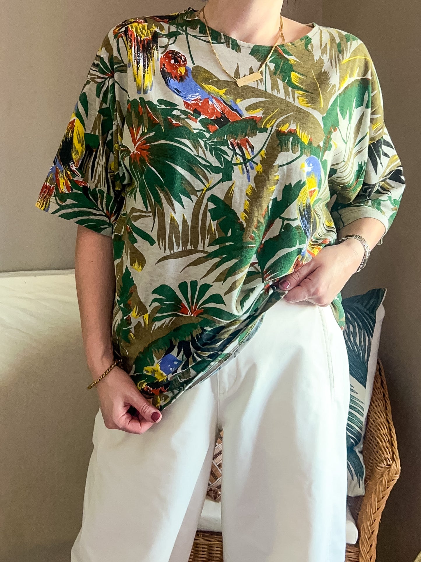 Vintage Tropical & Bird Print Tee  - approx Size 12-18