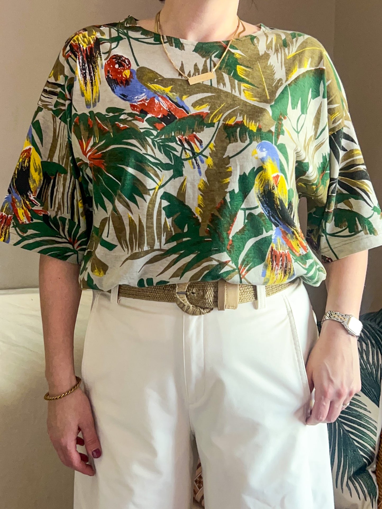 Vintage Tropical & Bird Print Tee  - approx Size 12-18