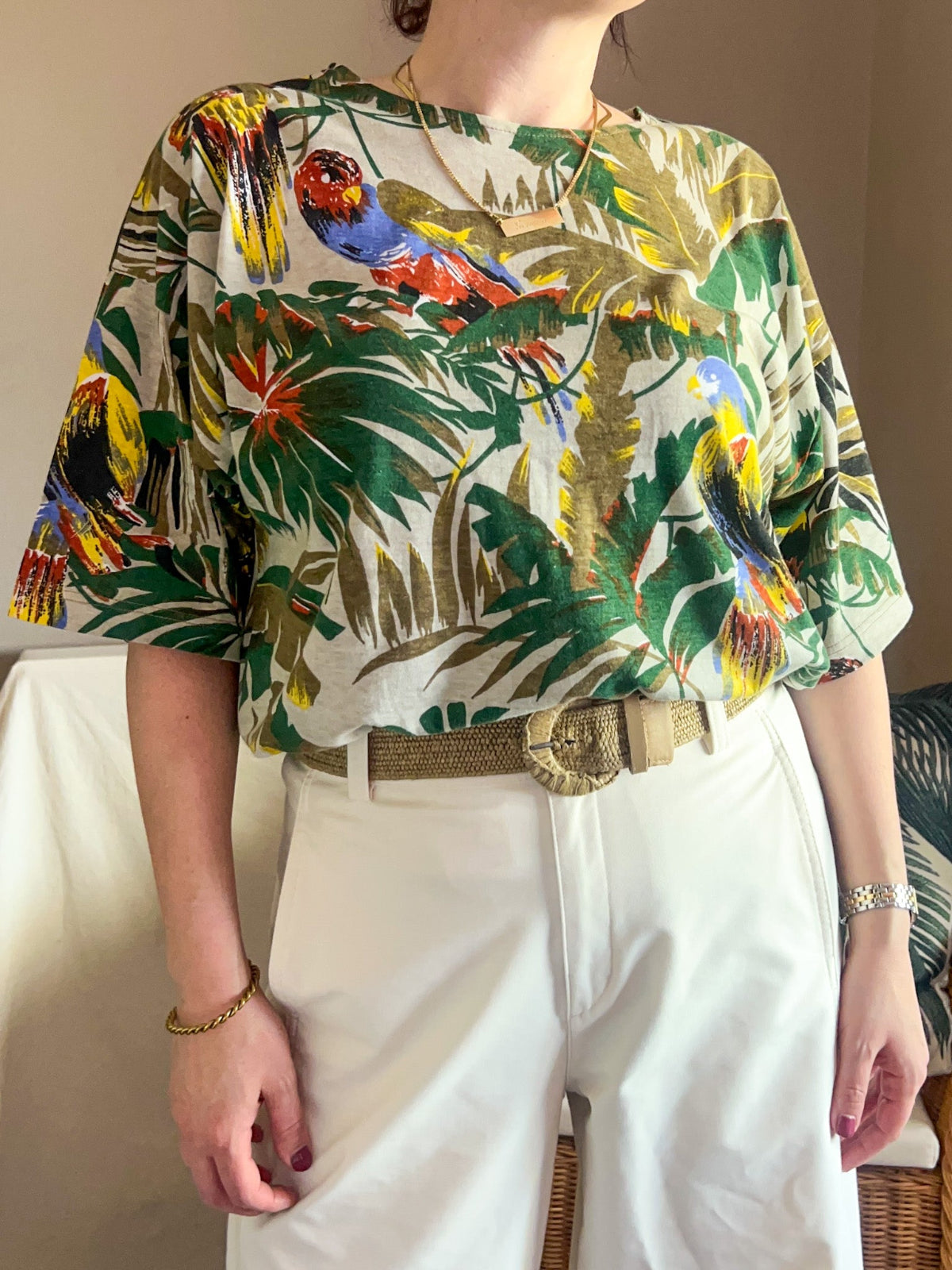 Vintage Tropical & Bird Print Tee  - approx Size 12-18