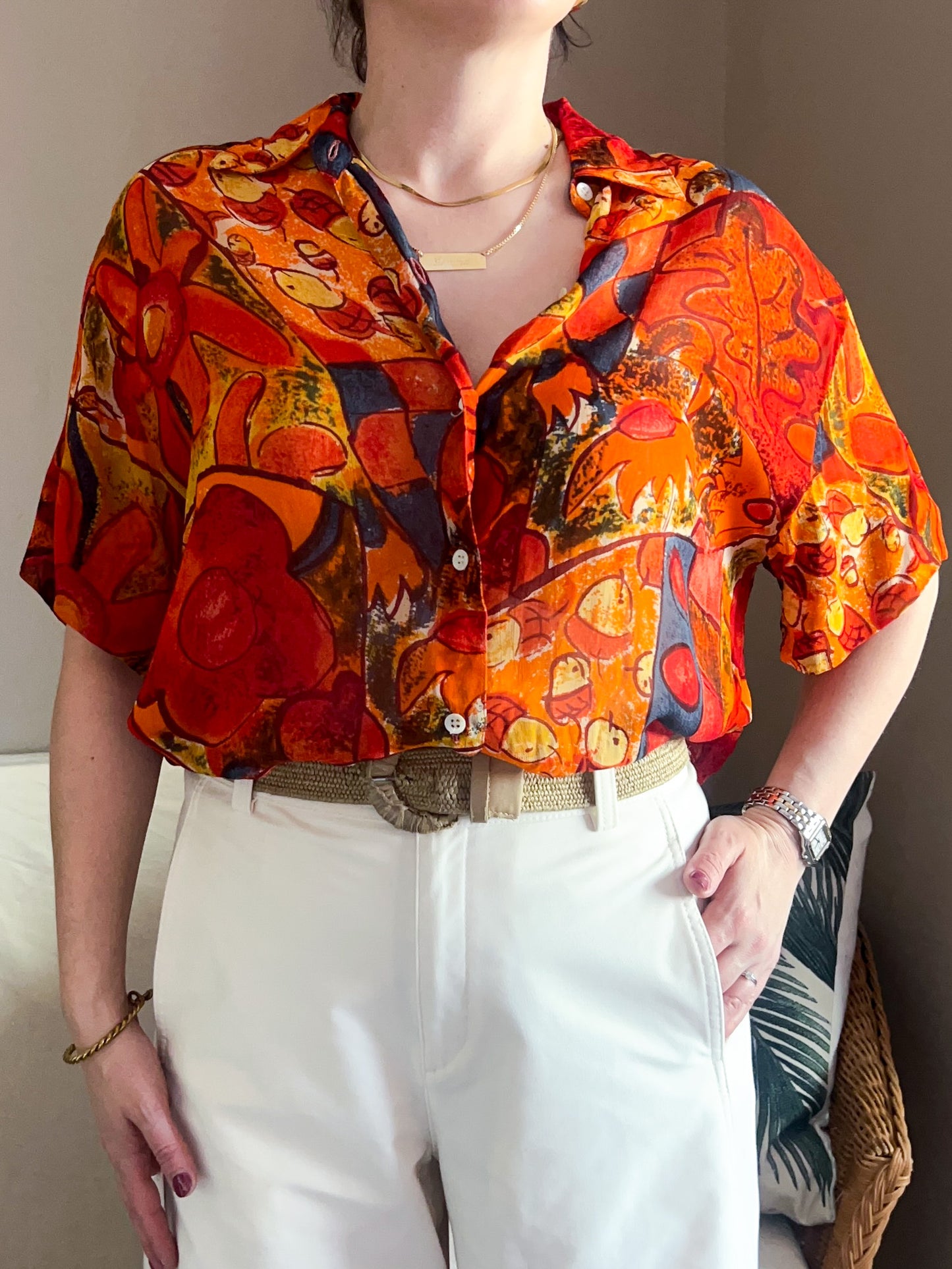 Vintage Abstract Flower Print Blouse, approx Size 10-14