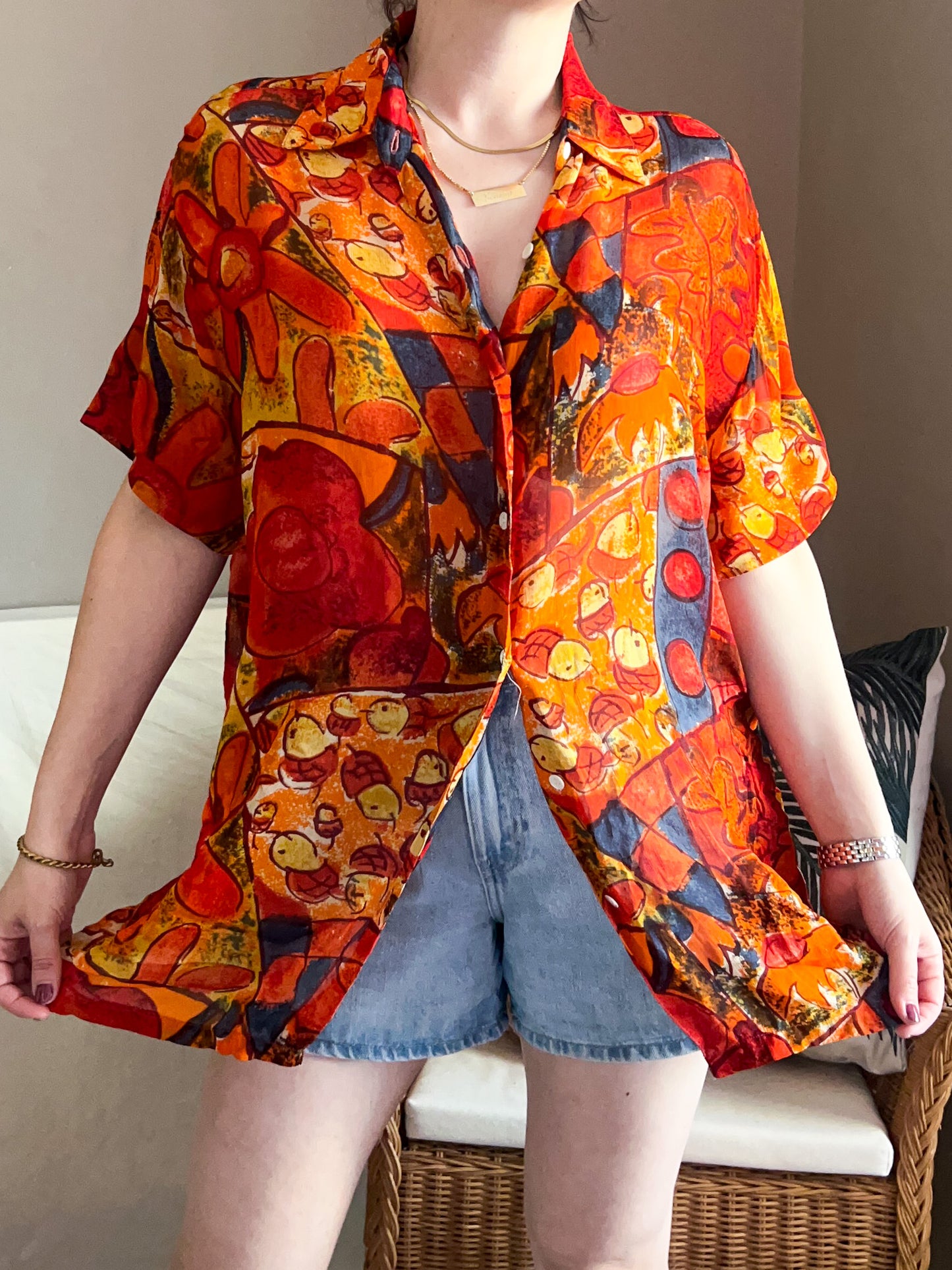 Vintage Abstract Flower Print Blouse, approx Size 10-14