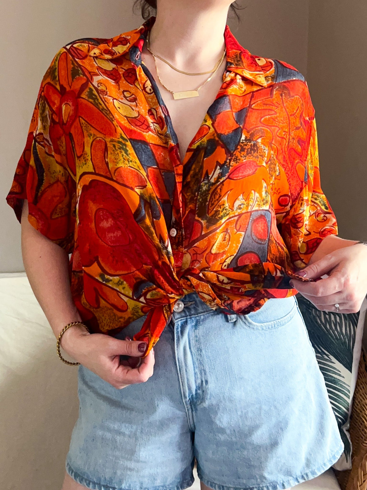 Vintage Abstract Flower Print Blouse, approx Size 10-14