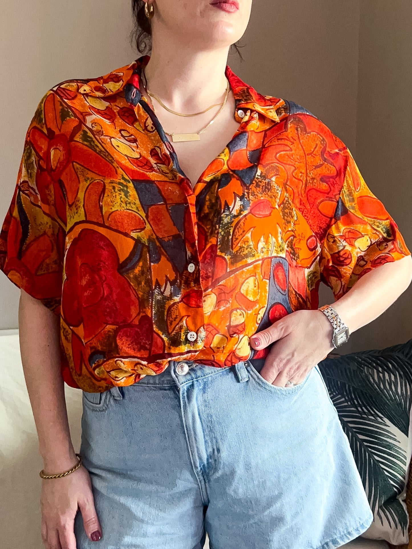 Vintage Abstract Flower Print Blouse, approx Size 10-14