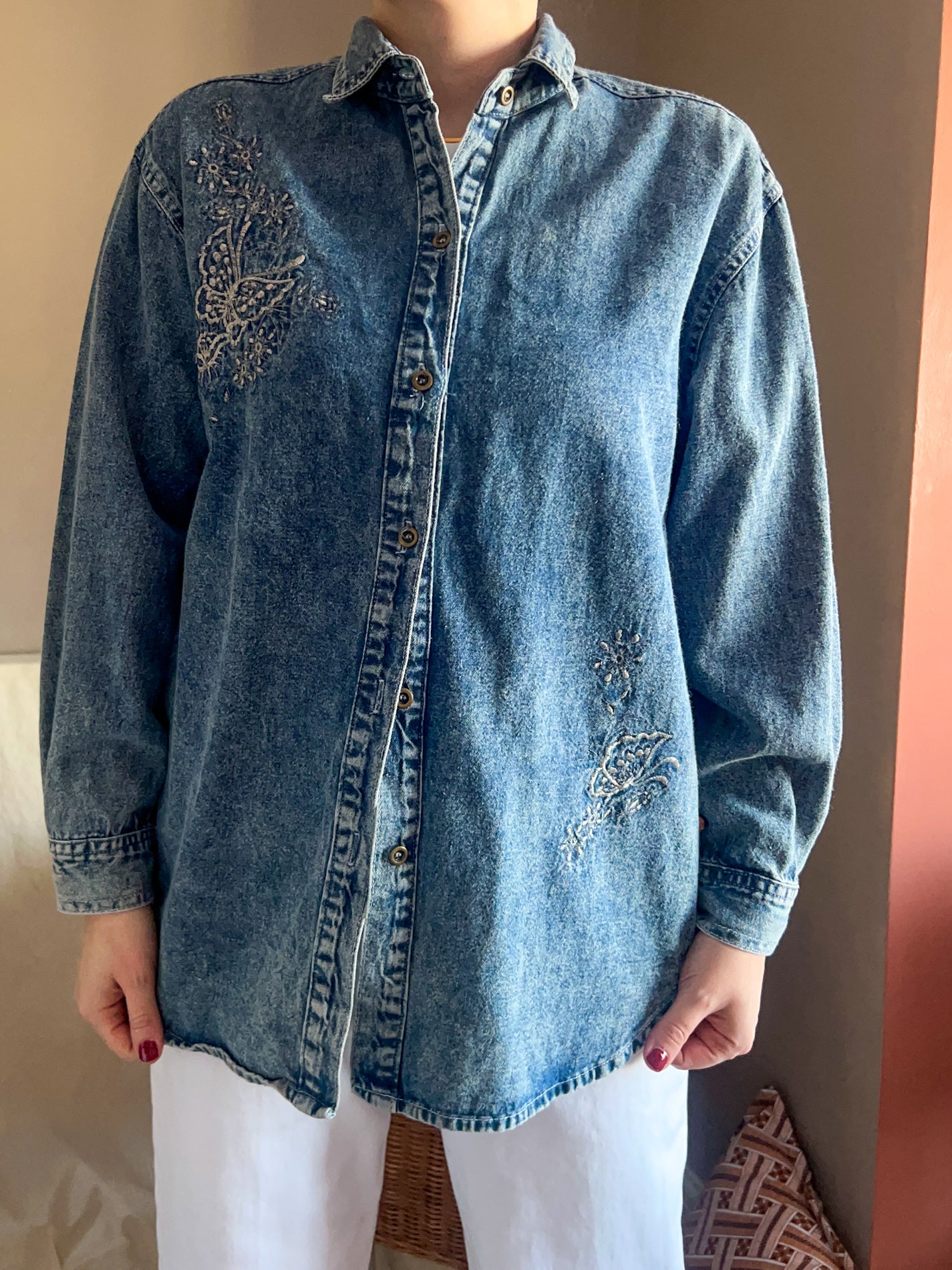 Vintage early 90s Embroidered Denim Shirt, approx Size 10-12+