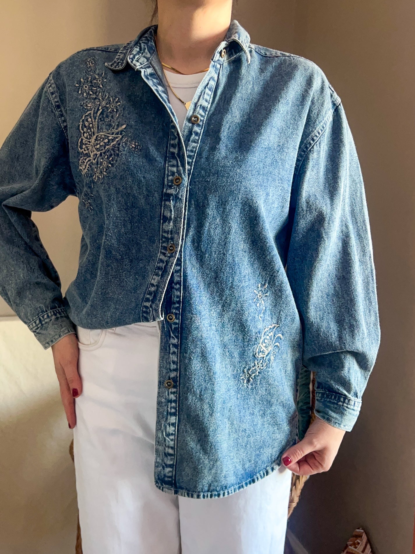 Vintage early 90s Embroidered Denim Shirt, approx Size 10-12+