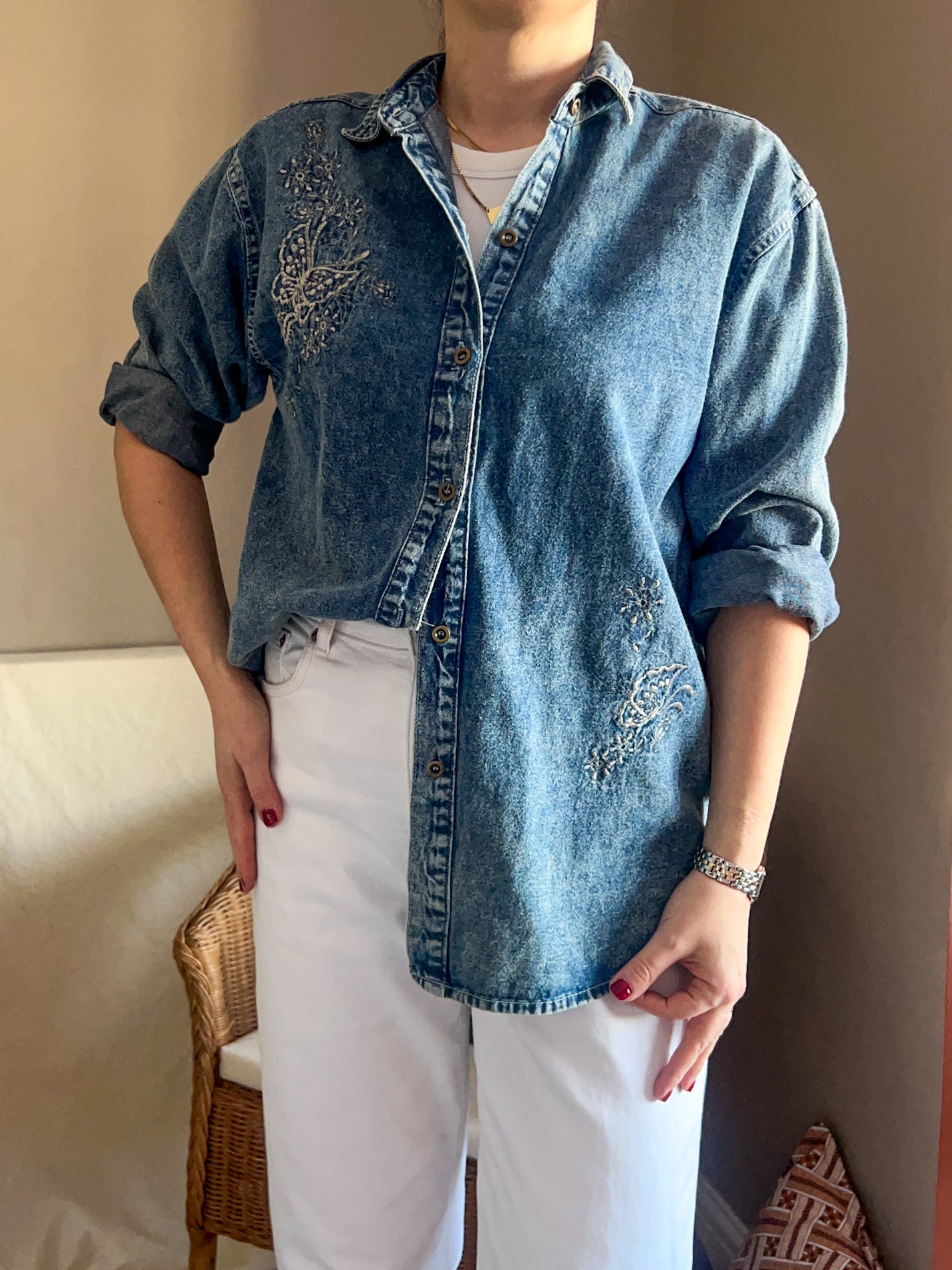 Vintage early 90s Embroidered Denim Shirt, approx Size 10-12+