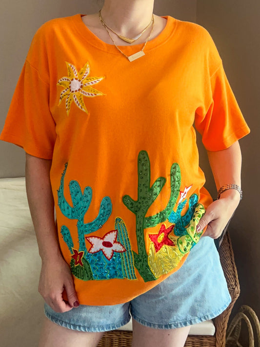Vintage Cactus Applique Embellished Tee  - approx Size 10-16