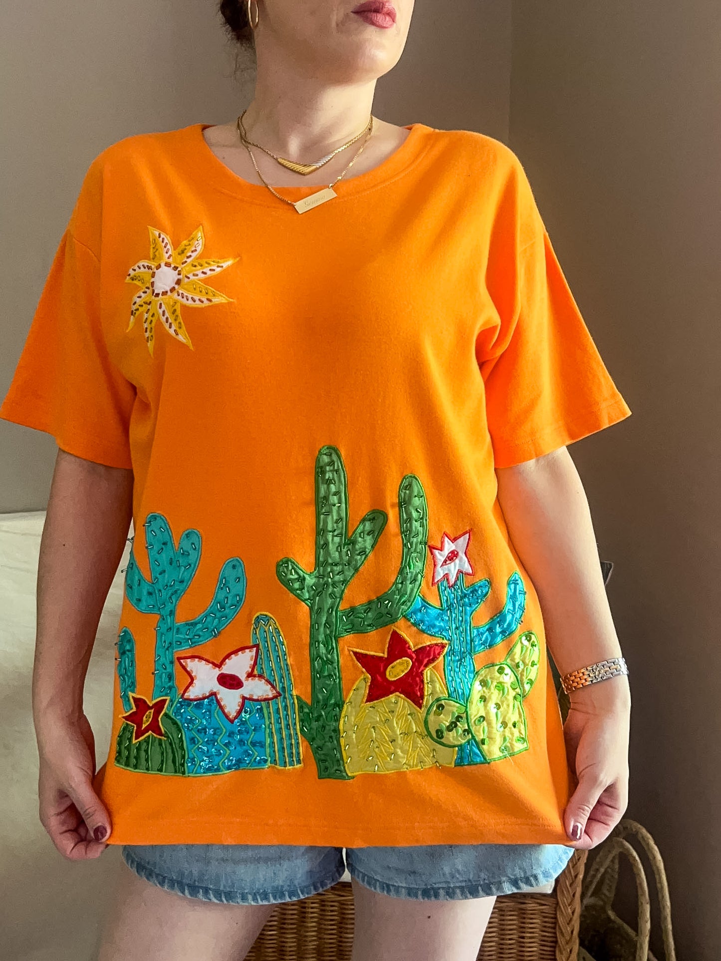 Vintage Cactus Applique Embellished Tee  - approx Size 10-16